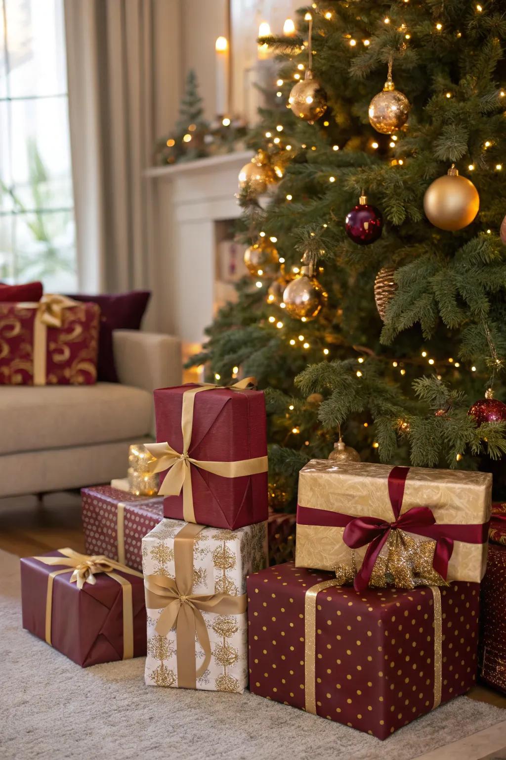 Coordinated gift dressings amplify the theme beneath the tree.