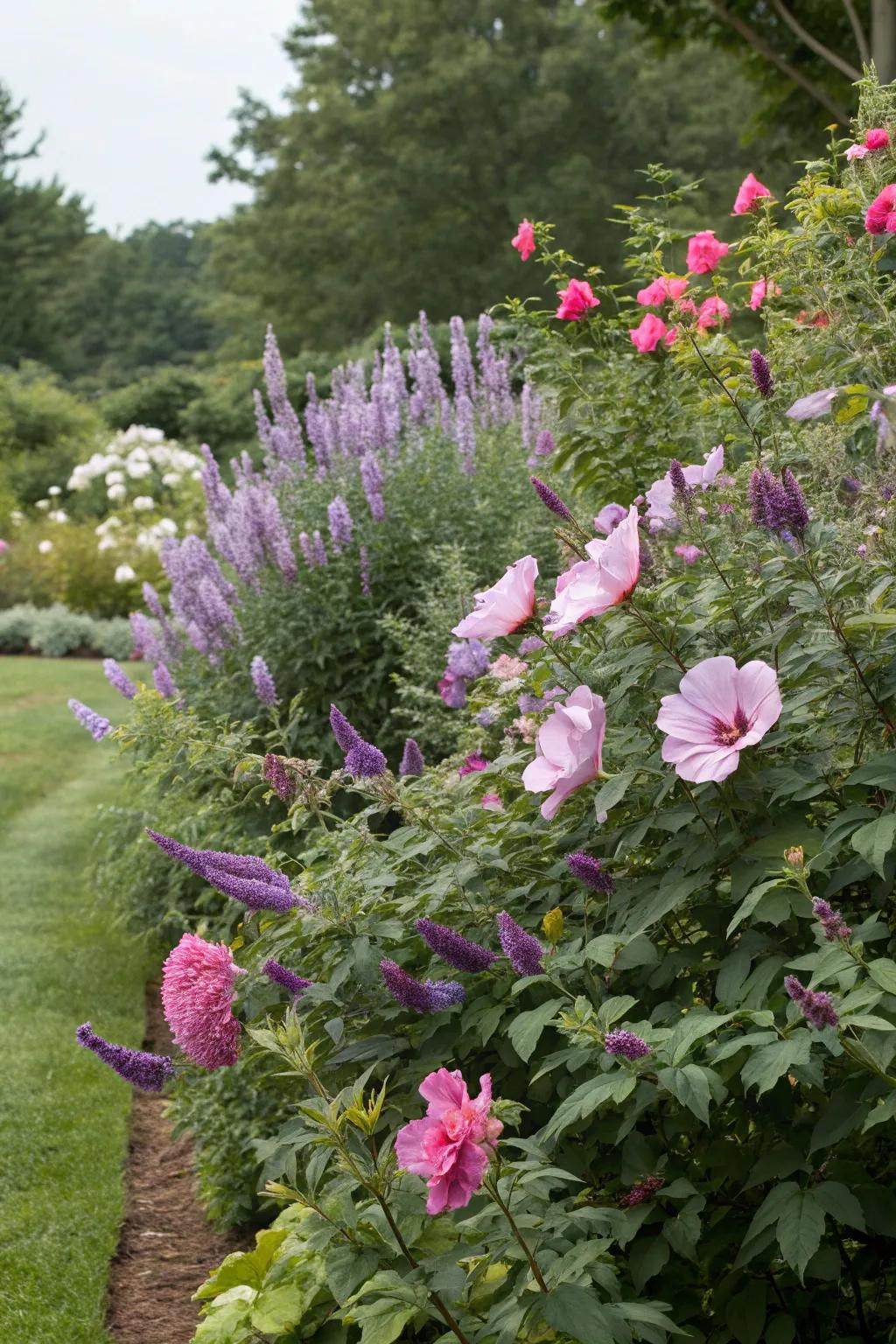 Rose of Sharon adds a dramatic flair to the butterfly bush backdrop.