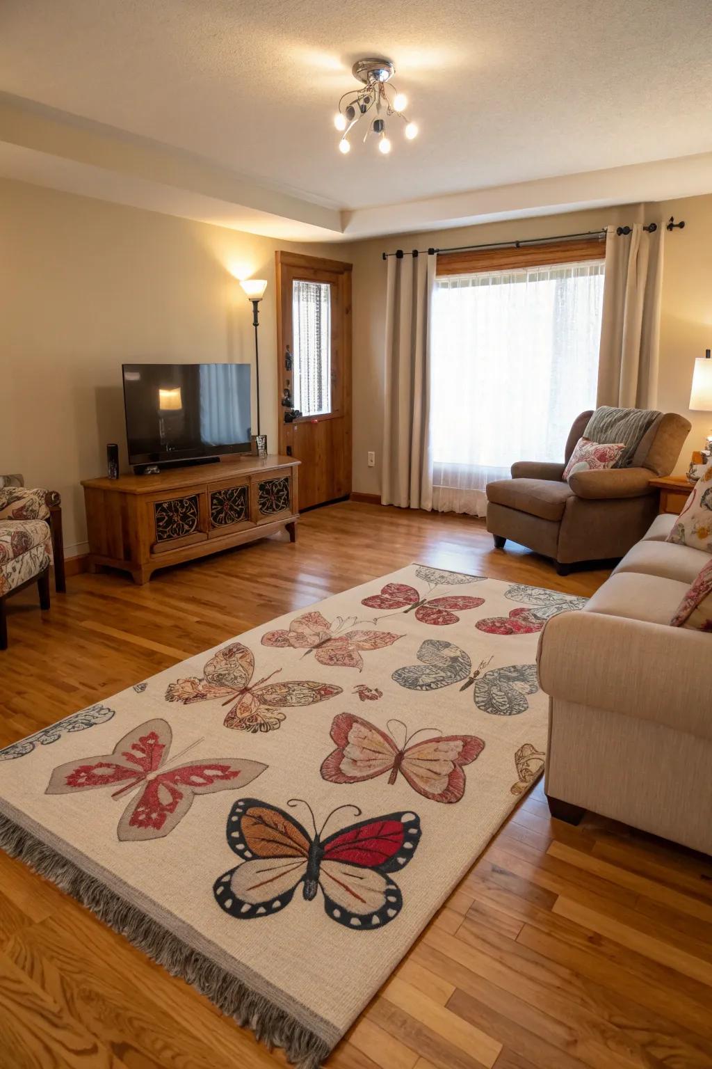 Anchor your space with a butterfly-themed floor covering.