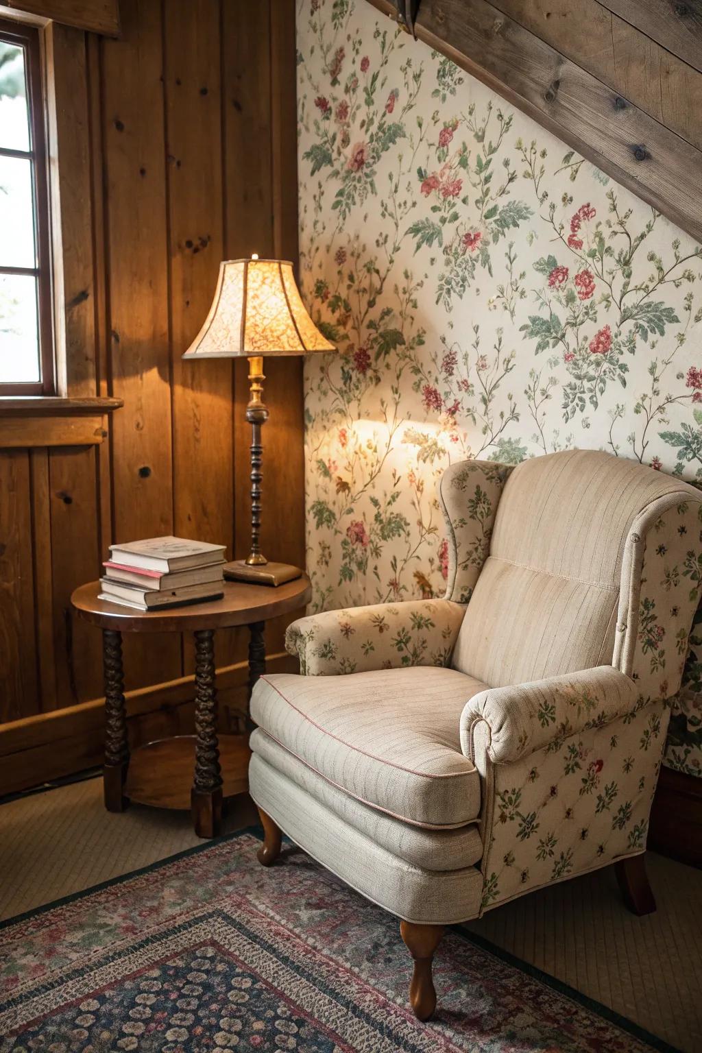 Charming vintage wallpaper adds character to a cozy nook.