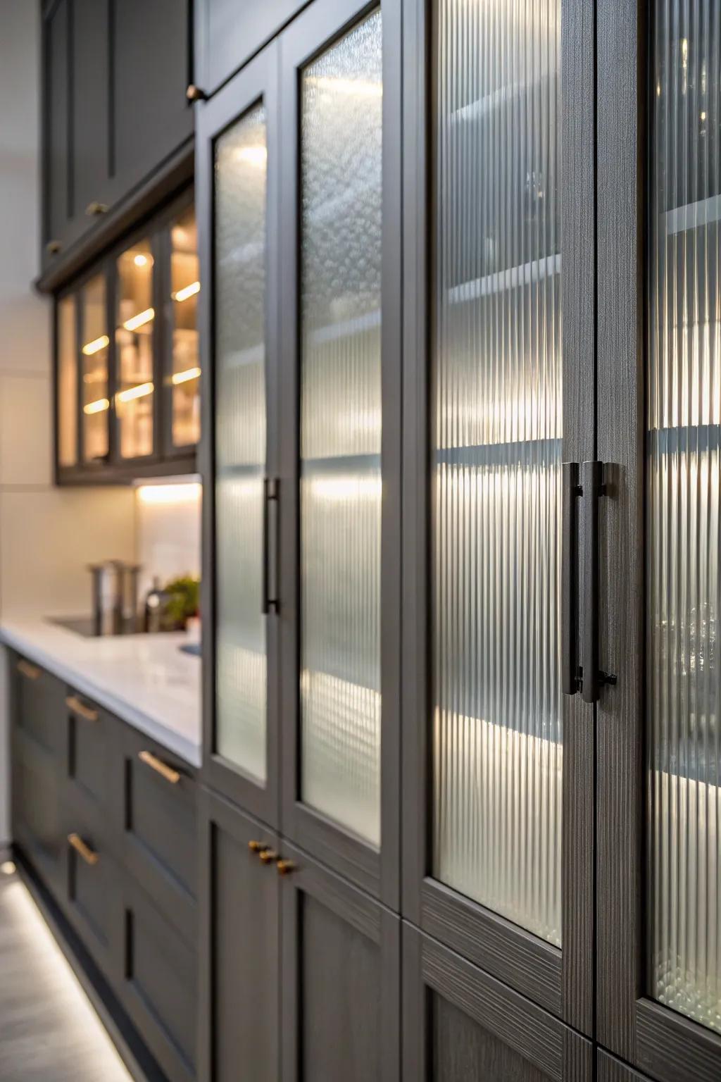 Ribbed glass inserts add a modern touch to cabinet doors.