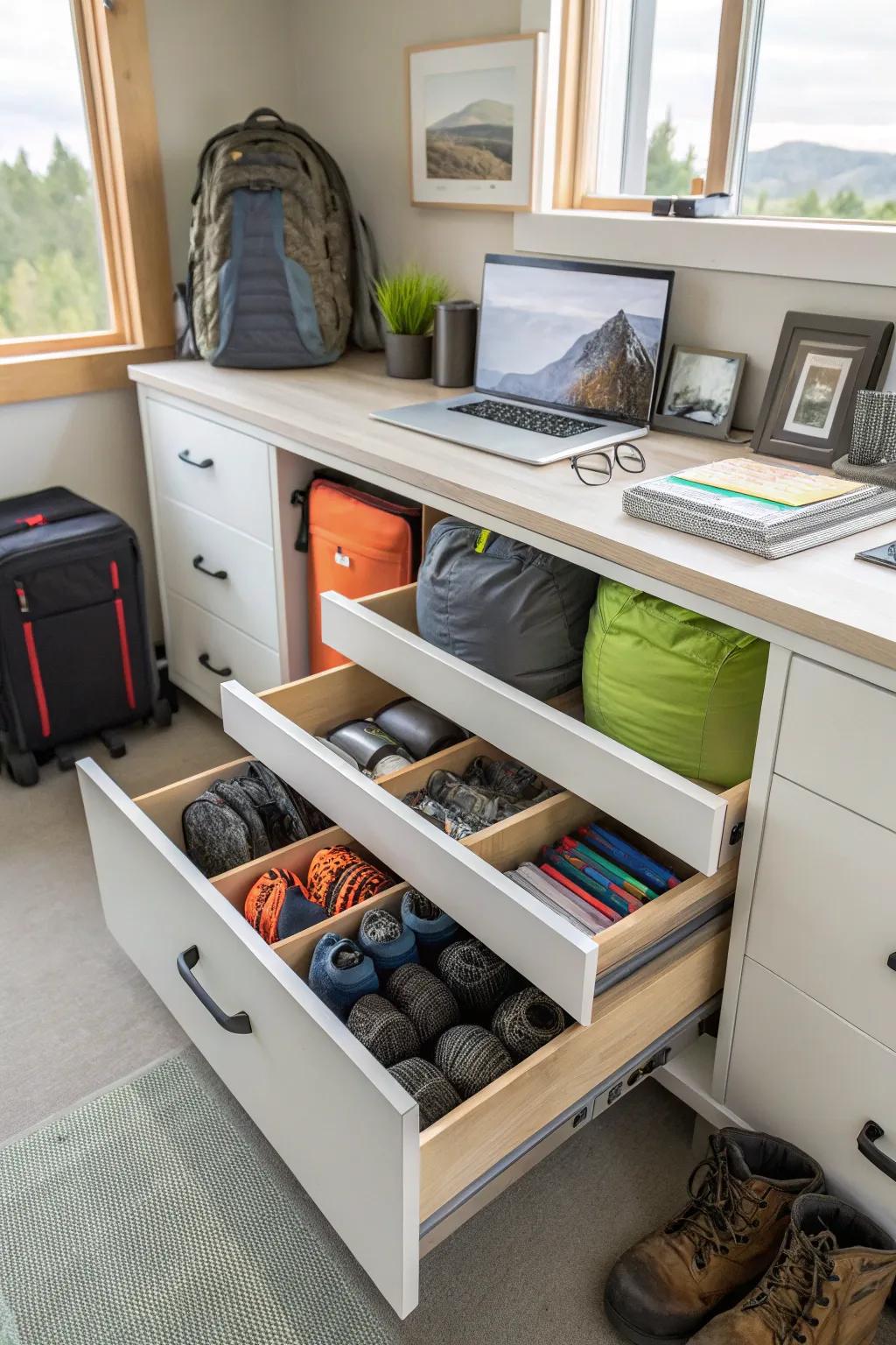 Drawer units efficiently sort and store camping gear.