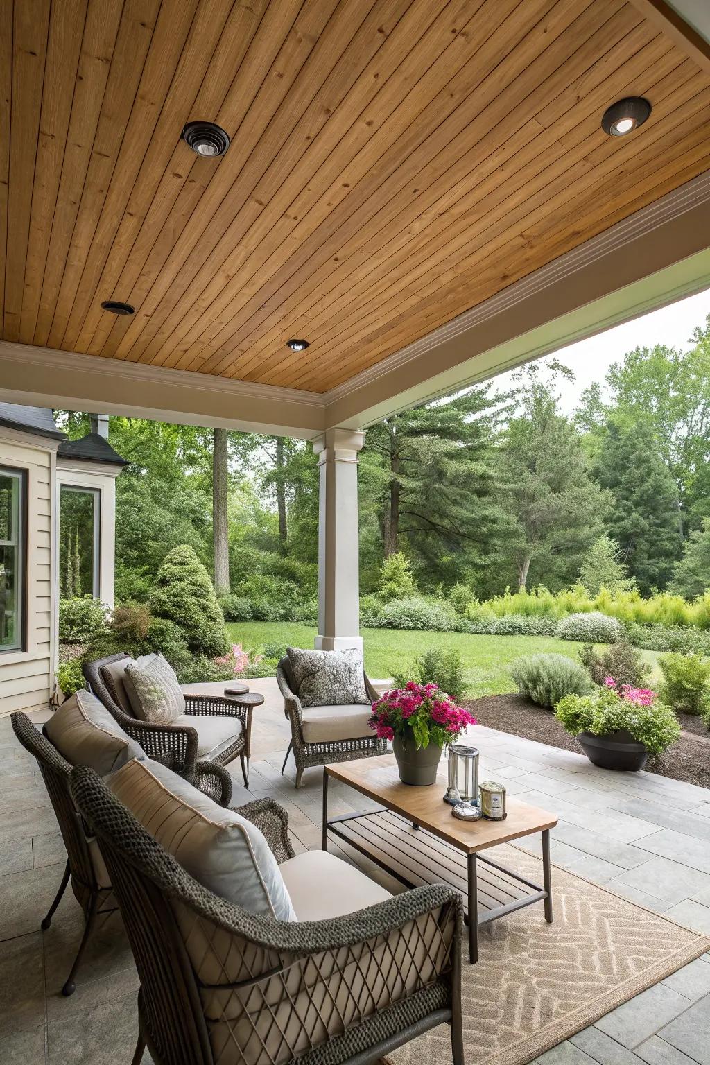 An outdoor veranda featuring an amber canopy ceiling, perfect for relaxation.