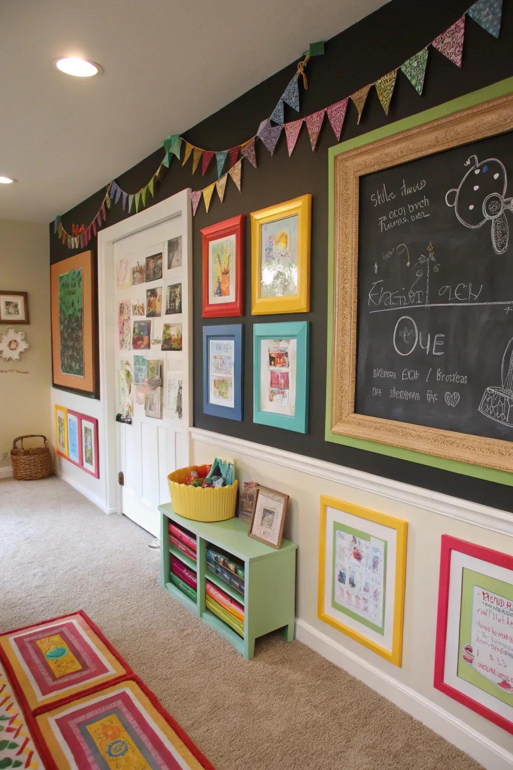 Framed chalkboard sections encourage personal creativity.