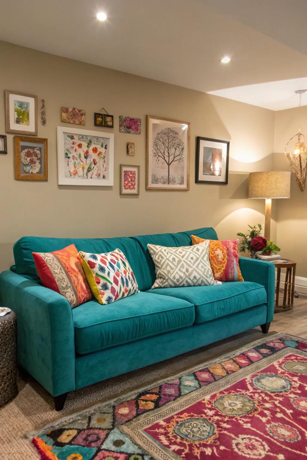 A bold-colored couch becomes the centerpiece of a stylish living room.