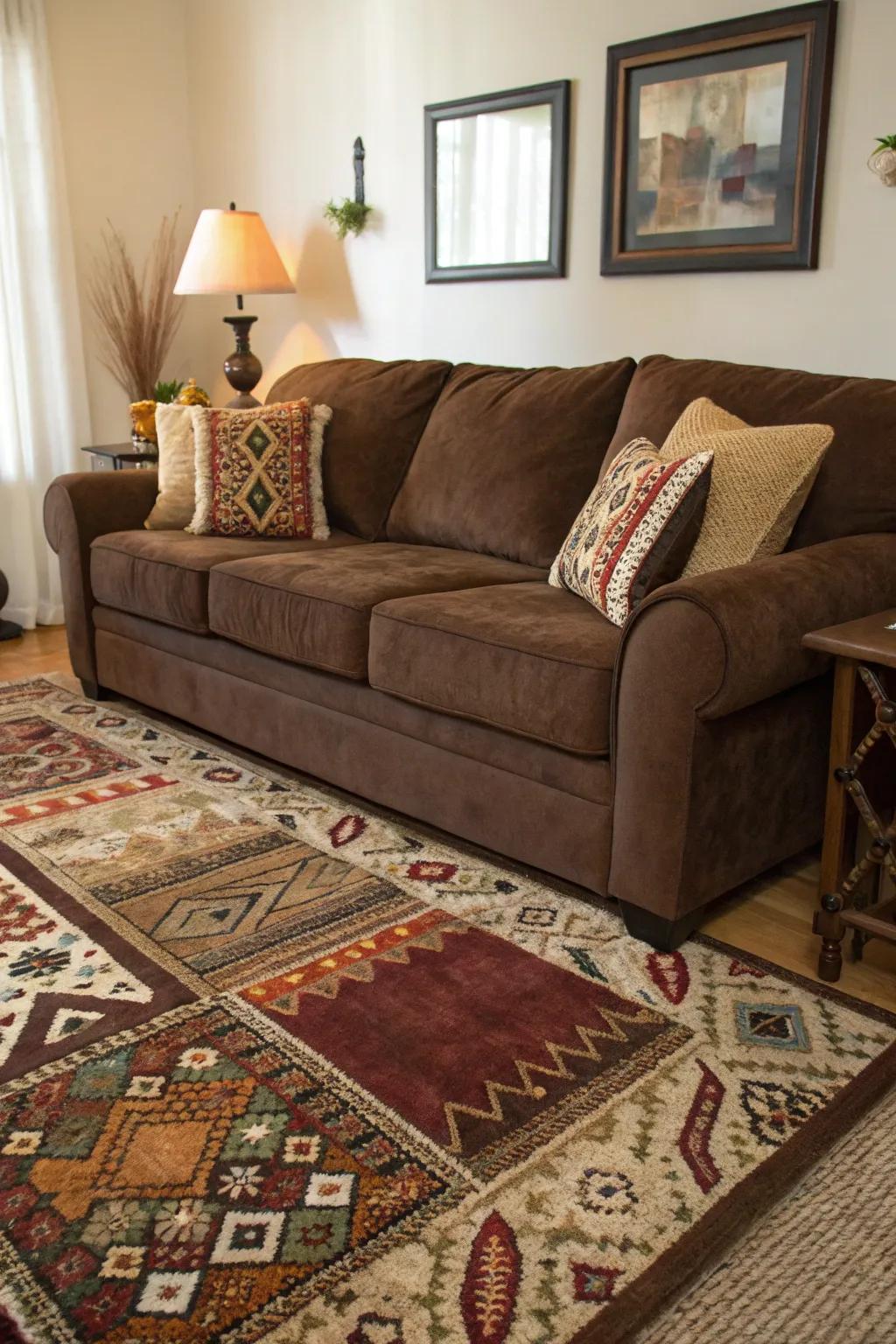 Layered rugs provide texture and warmth beneath a chocolate couch.