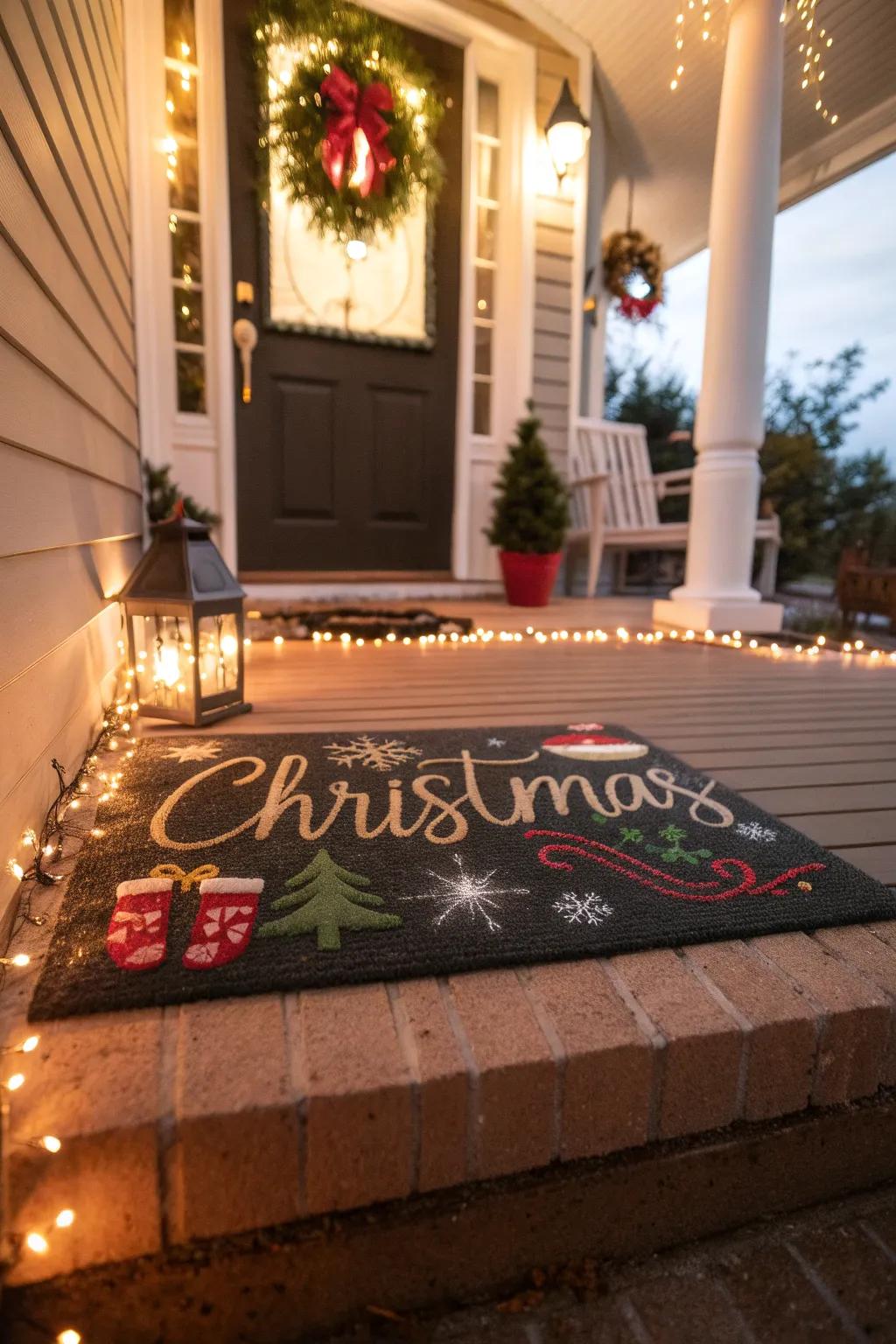 A personalized doormat welcoming guests with holiday cheer.