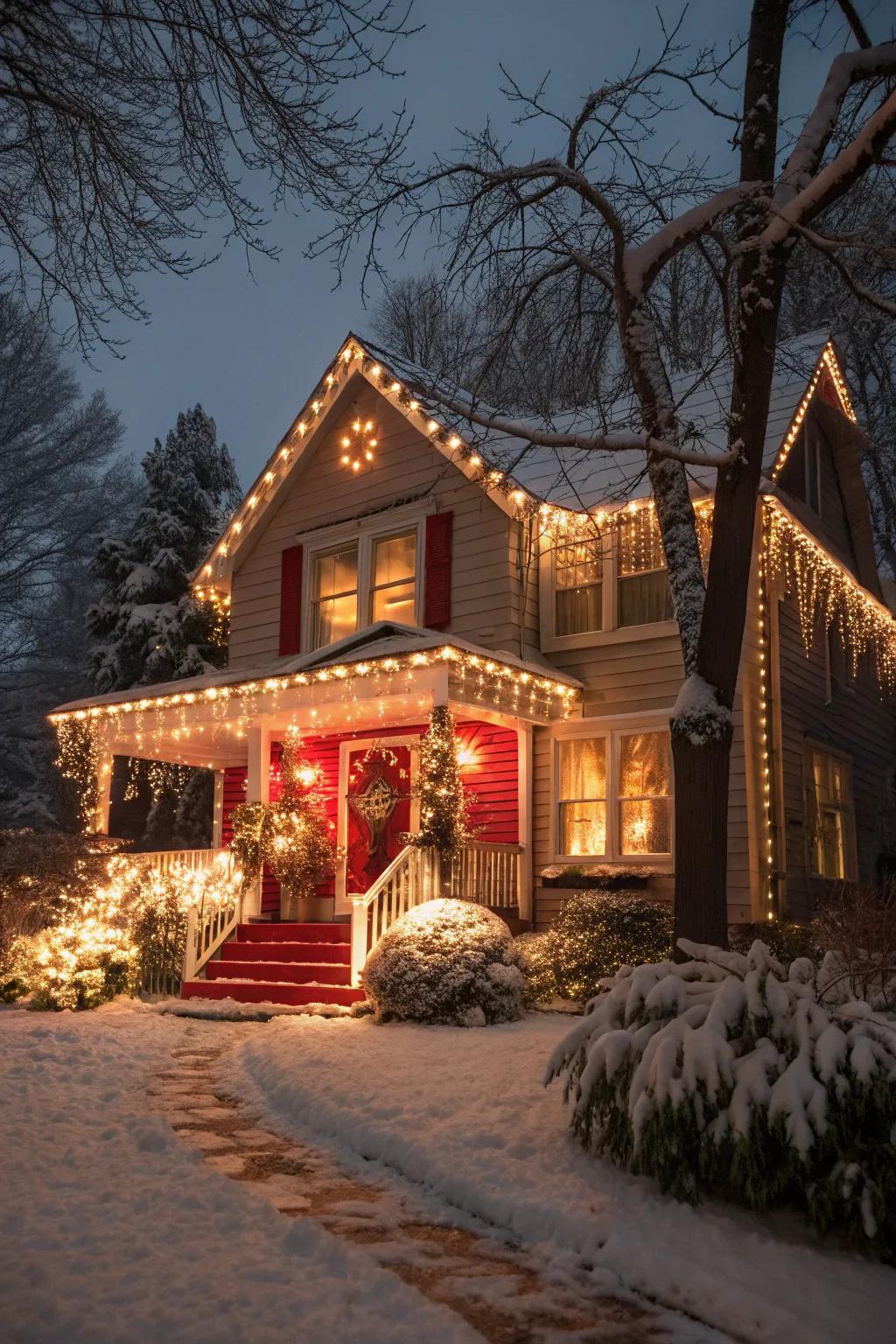 A vivid fusion of soft white and red Christmas lights embellishing a residence.