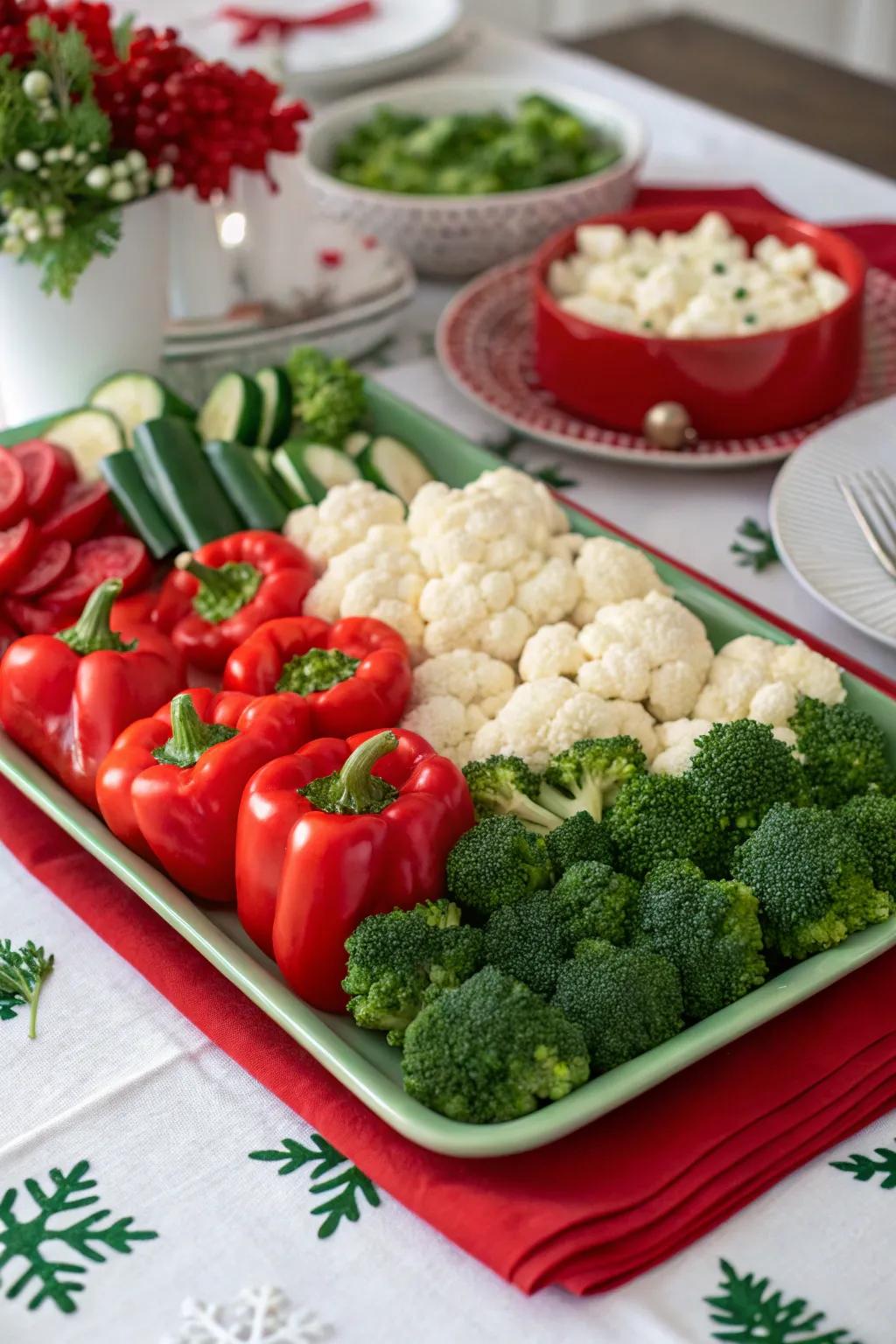 A festive veggie platter using classic Christmas colors.