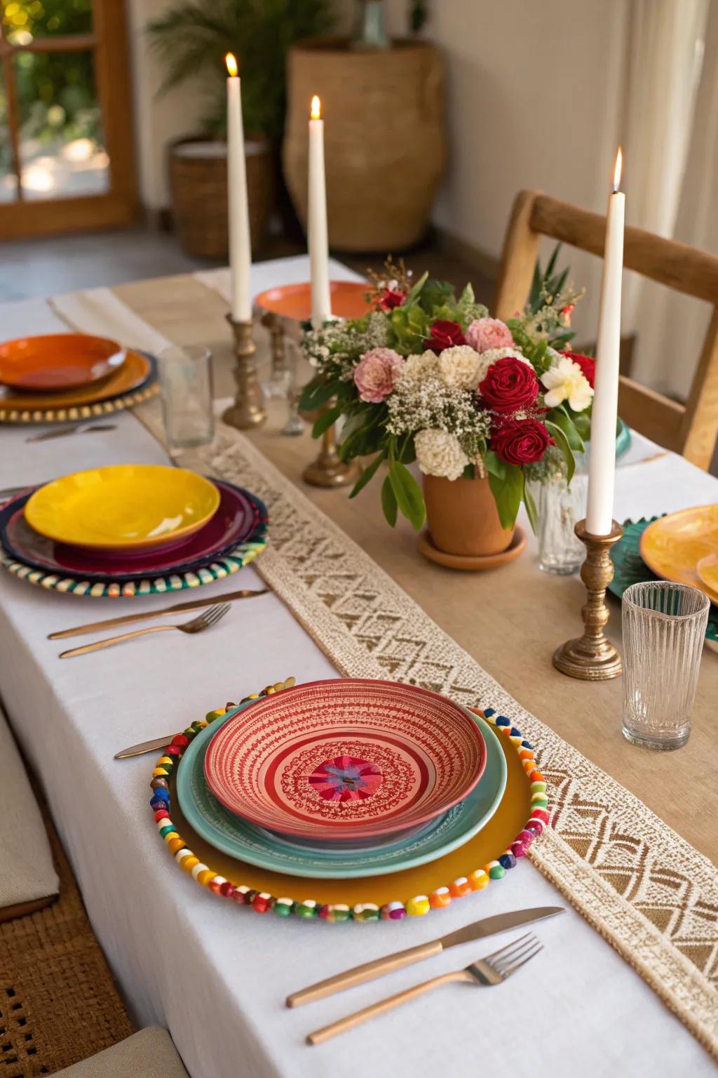 Festive table settings with serapis and colorful accents.