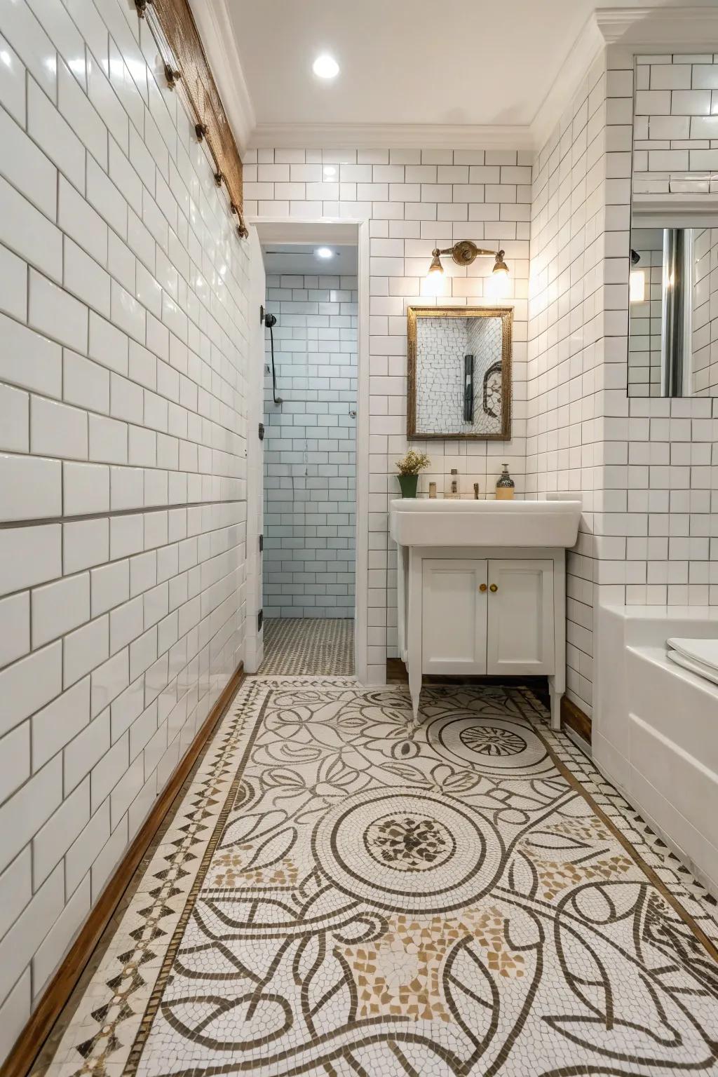 Subway tiles combined with intricate mosaic flooring.