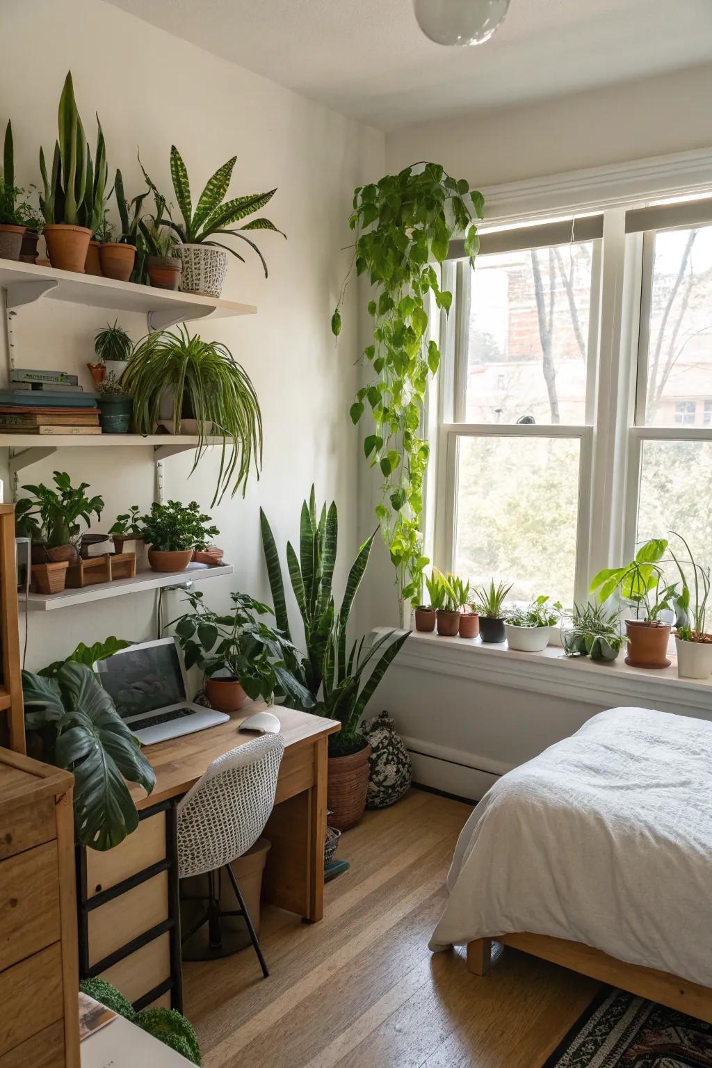 Indoor plants introducing freshness and life to a tidy bedroom.