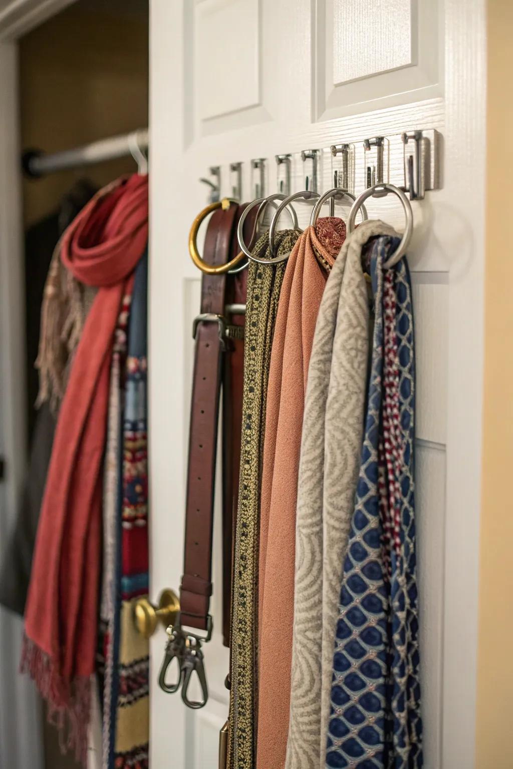 Utilize hooks for a tidy and accessible accessory storage solution.