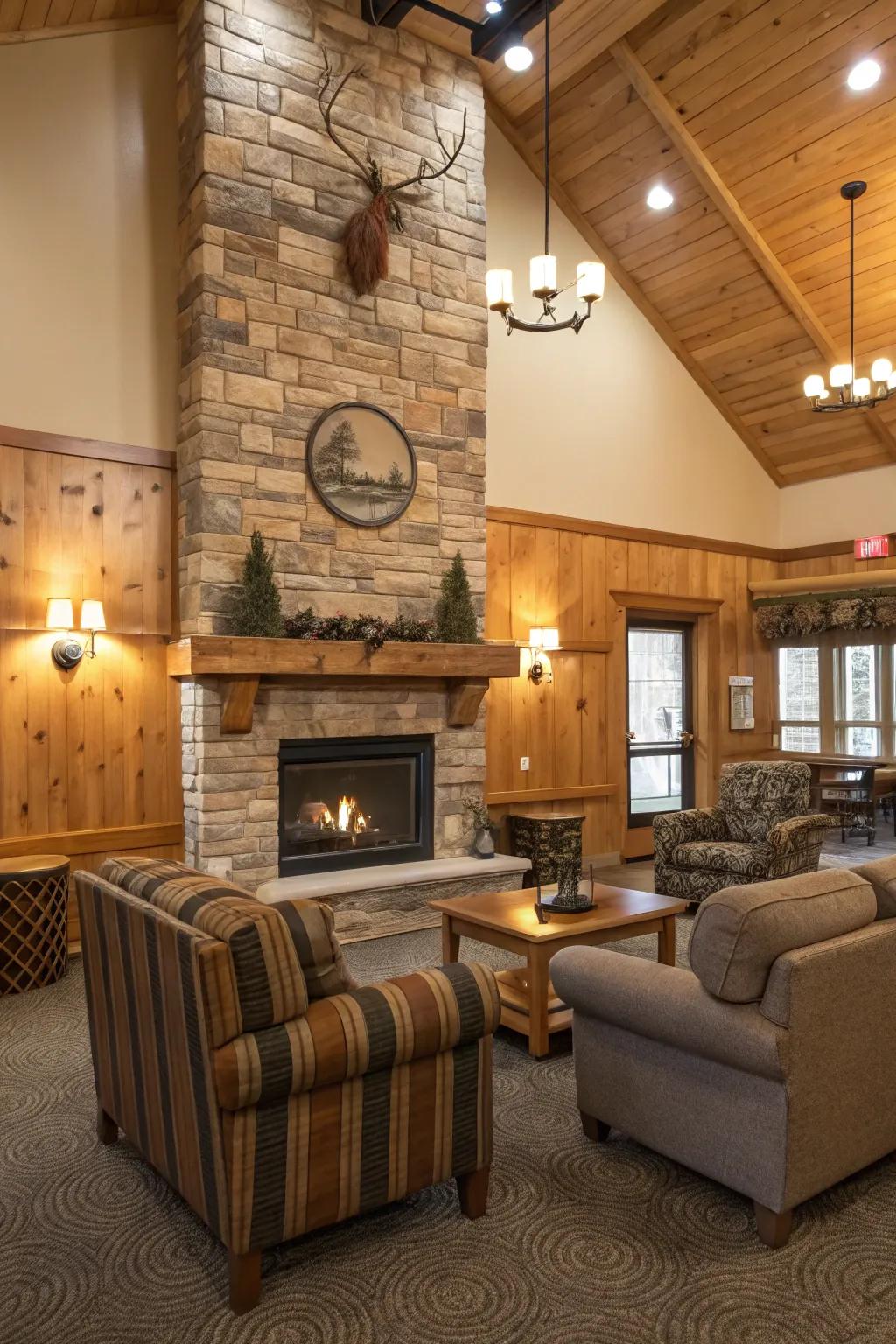 Cozy ambiance with a central fireplace in a clubhouse.