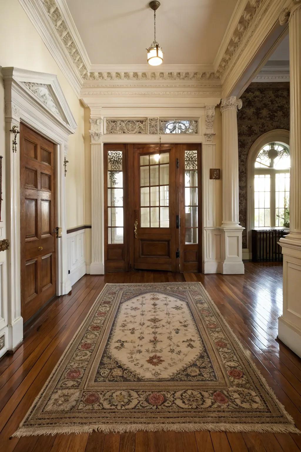 A vintage rug adds warmth to this colonial entryway.