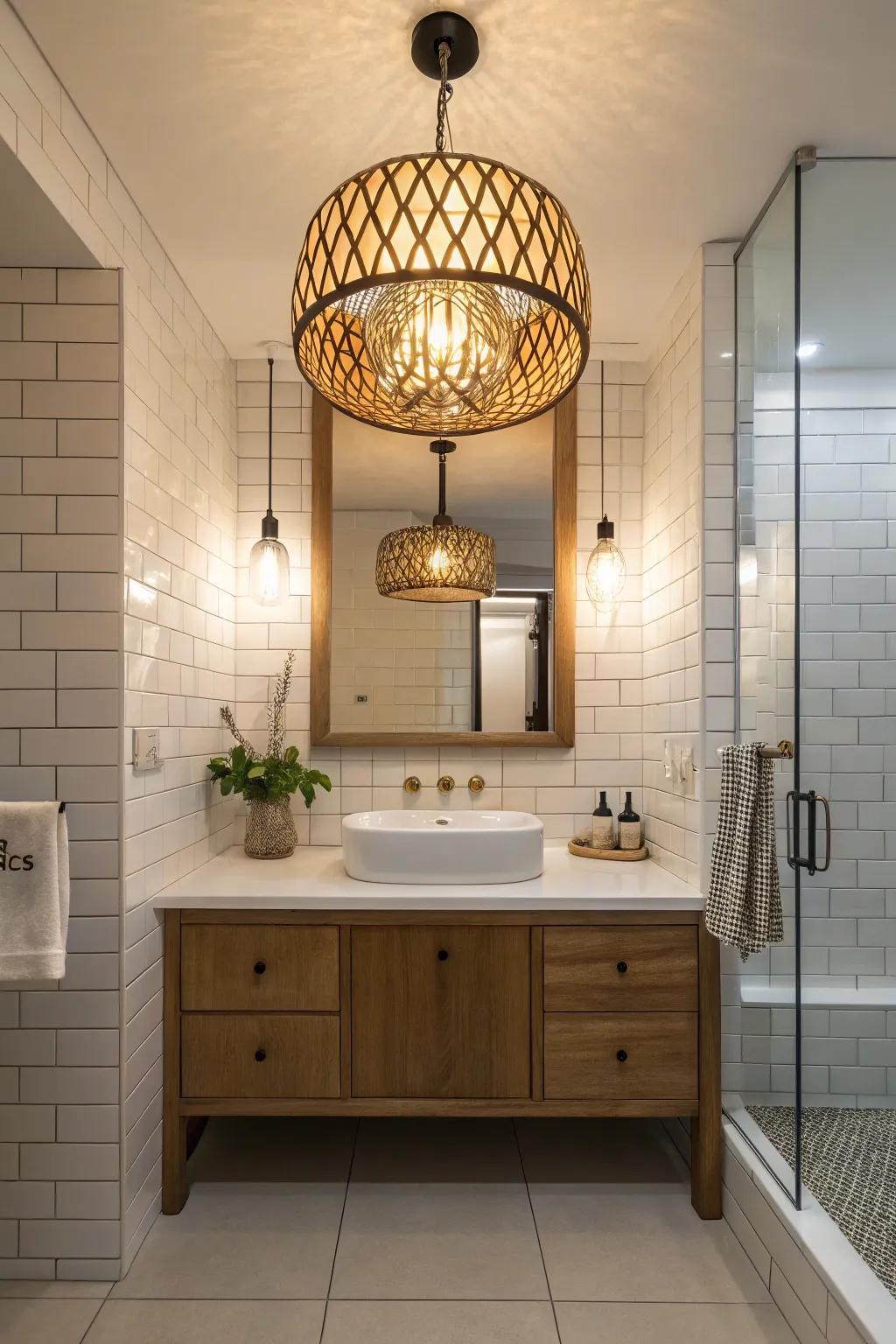 Bathroom with a bold statement lighting fixture.