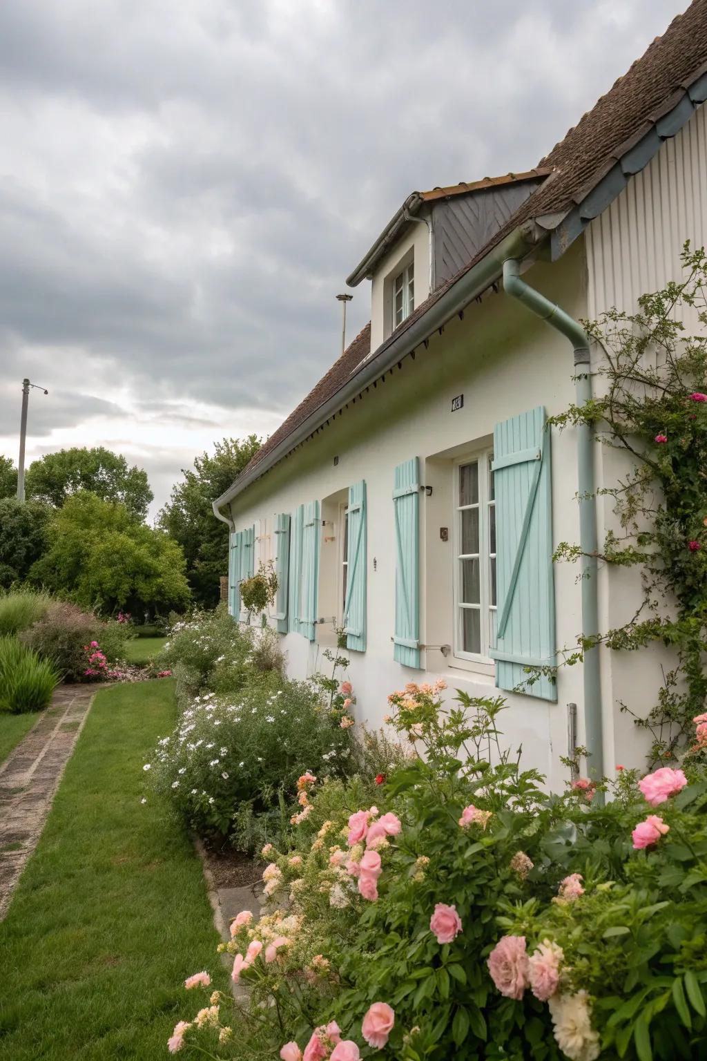 Pastel colors create a calming and inviting cottage exterior.