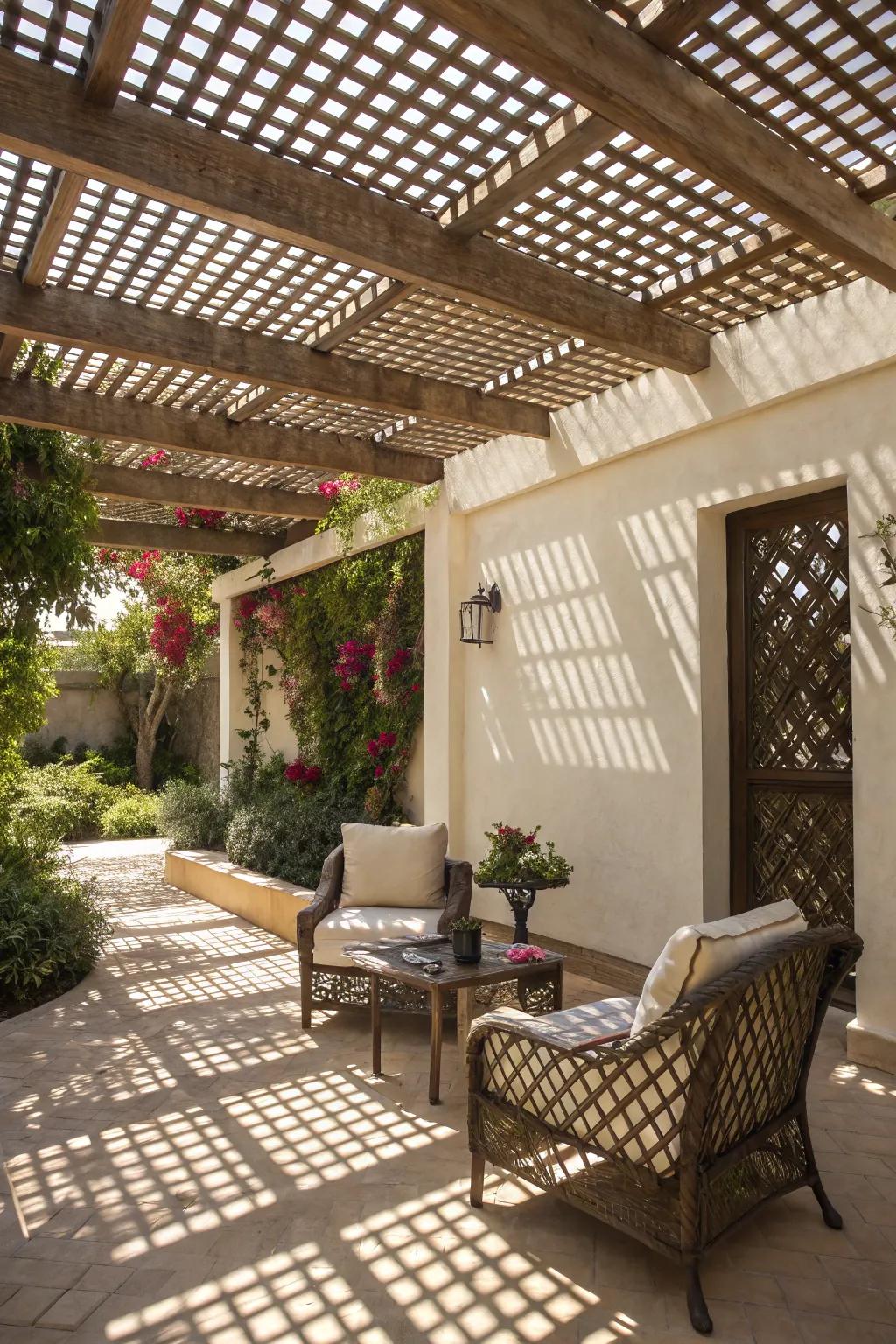 A lattice roof provides dappled shade and a charming ambiance.