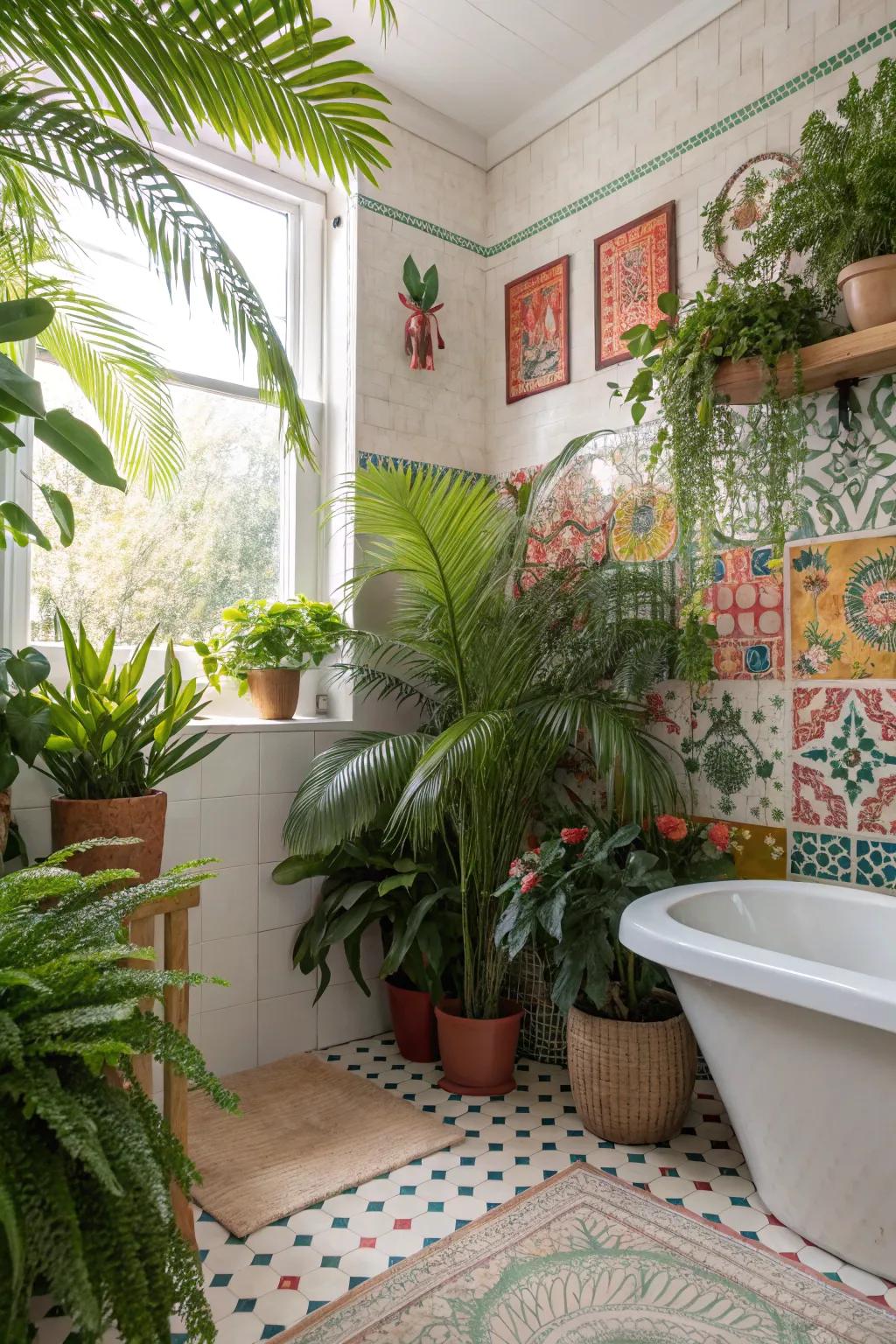 A tropical-themed bathroom lush with greenery.