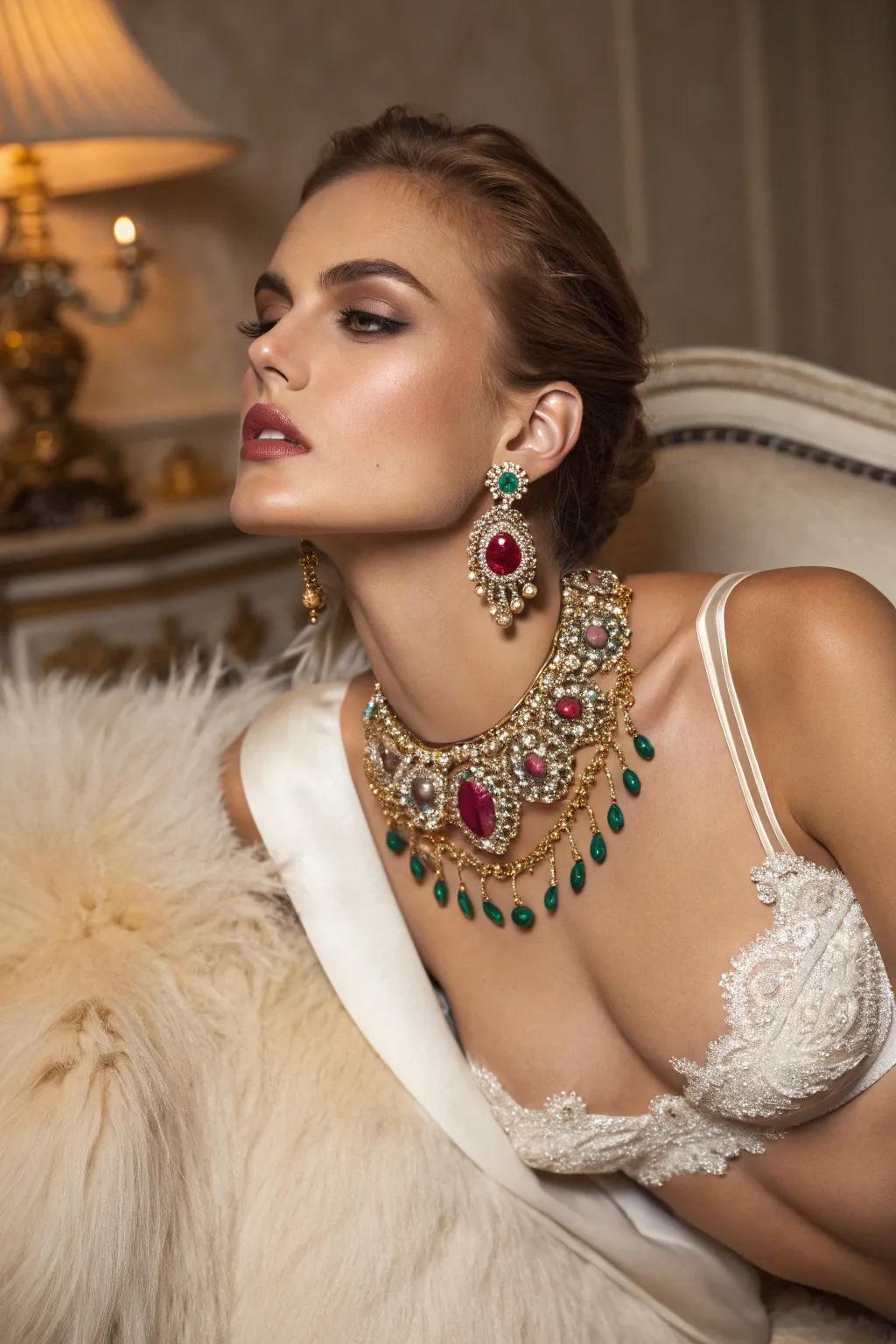 Statement jewelry brings a touch of glamour to the boudoir.