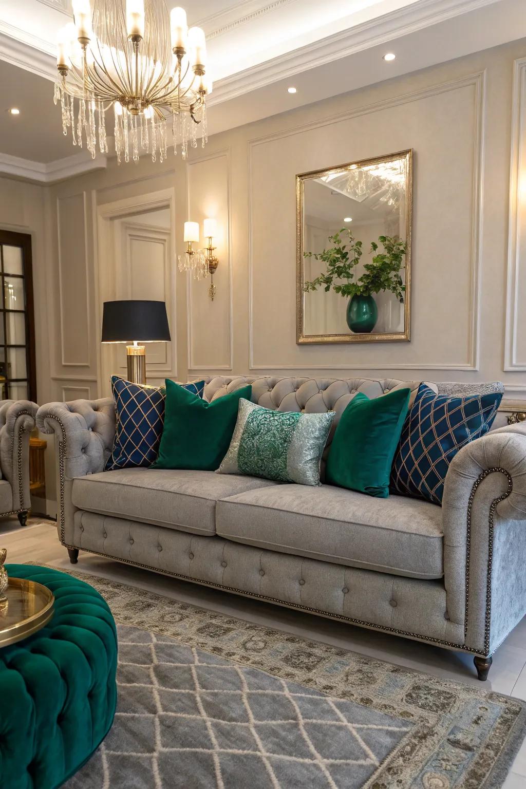 Jewel tones add a touch of opulence and drama to a grey sofa.