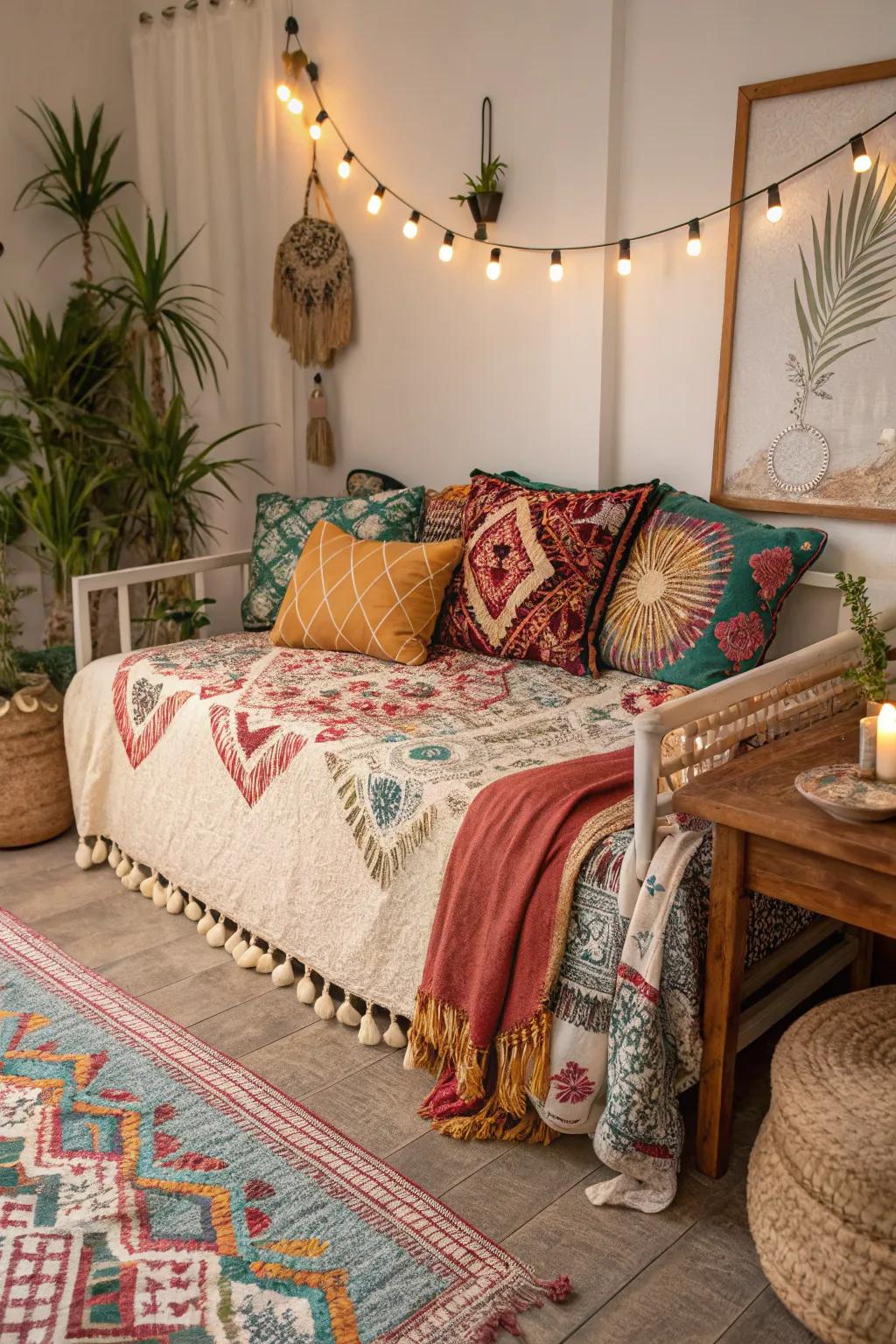 Daybed with bohemian textiles and patterns