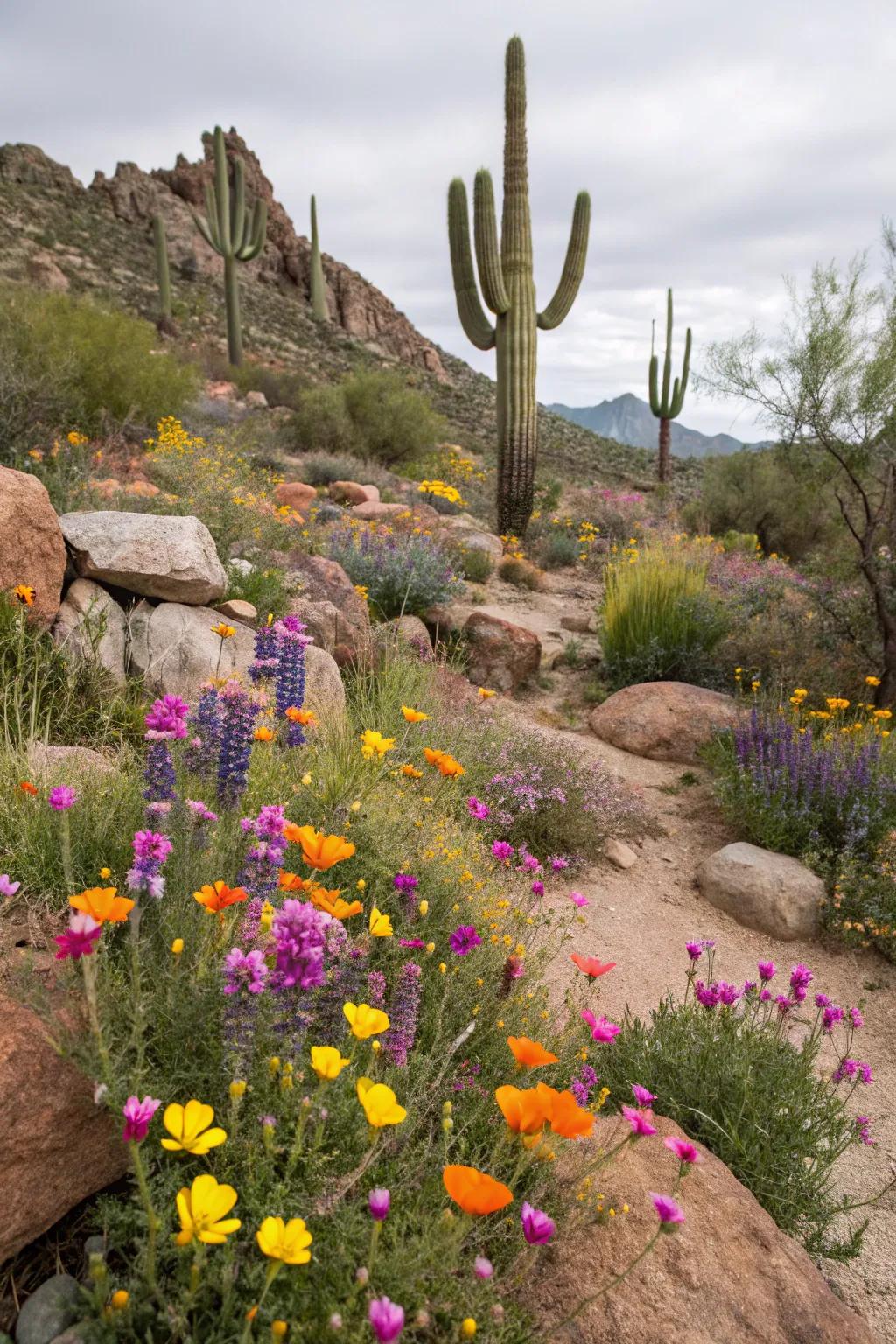 Striking desert blooms add a splash of color to the dry setting.