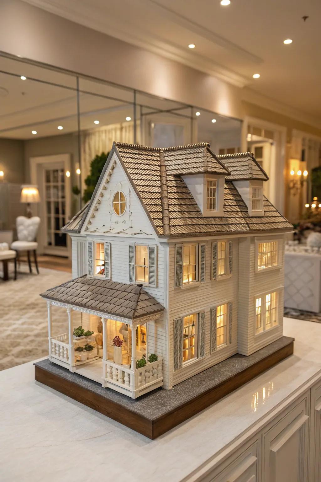 A roof design adds realism to a dollhouse display.