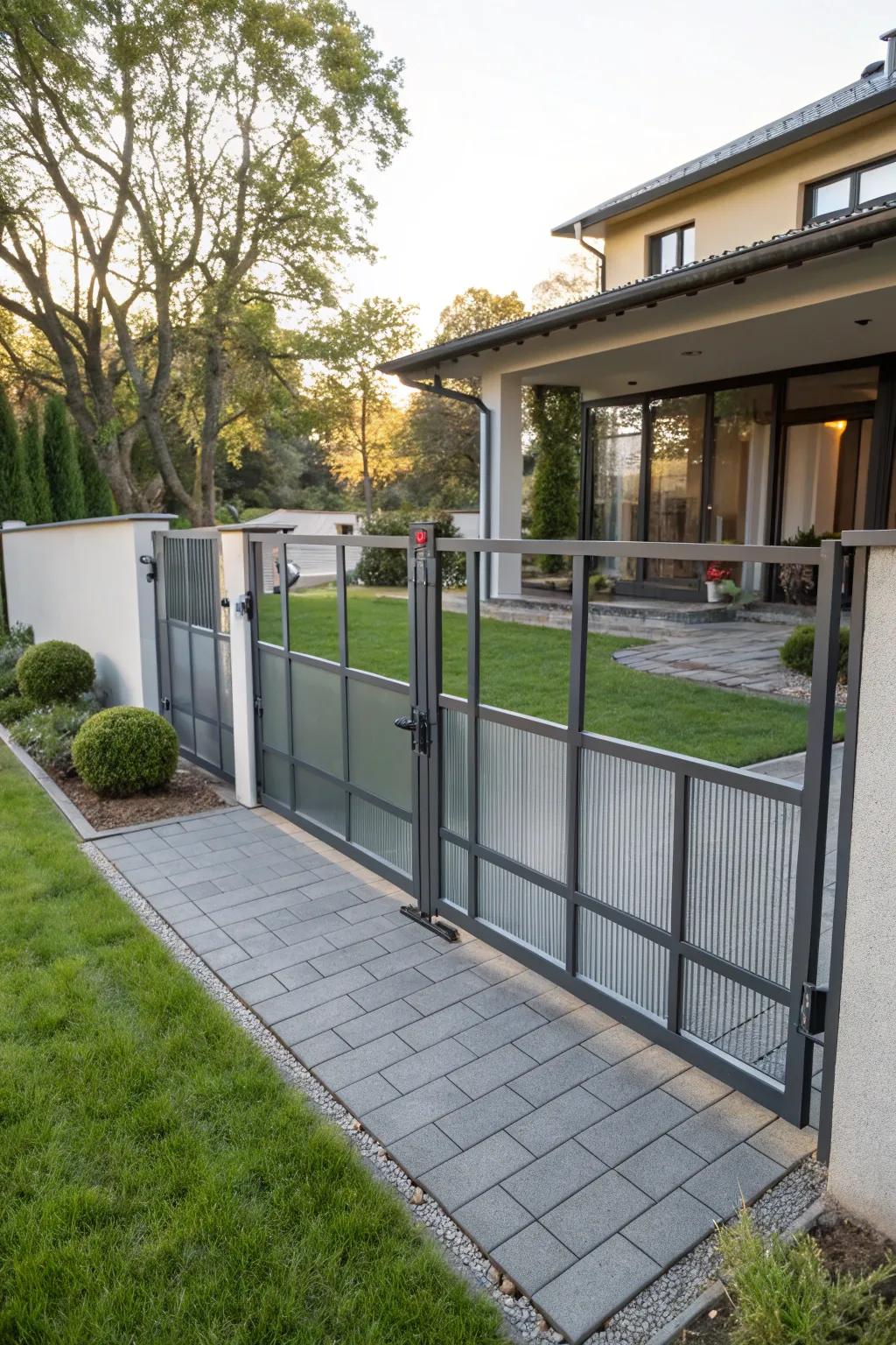 A tough synthetic gate combining aesthetics and functionality in a modern residence.