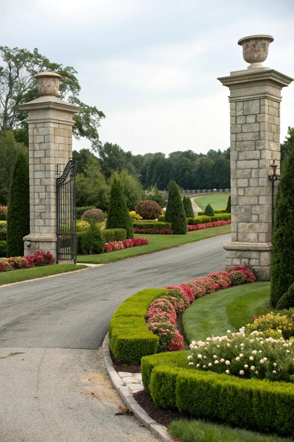 Grand stone pillars add a majestic touch to the driveway entrance.