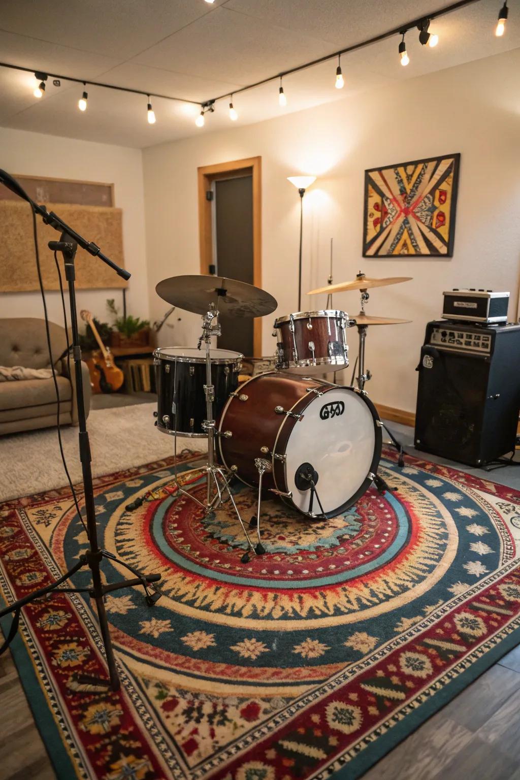 Rugs serve both aesthetic and acoustic purposes in a drum room.