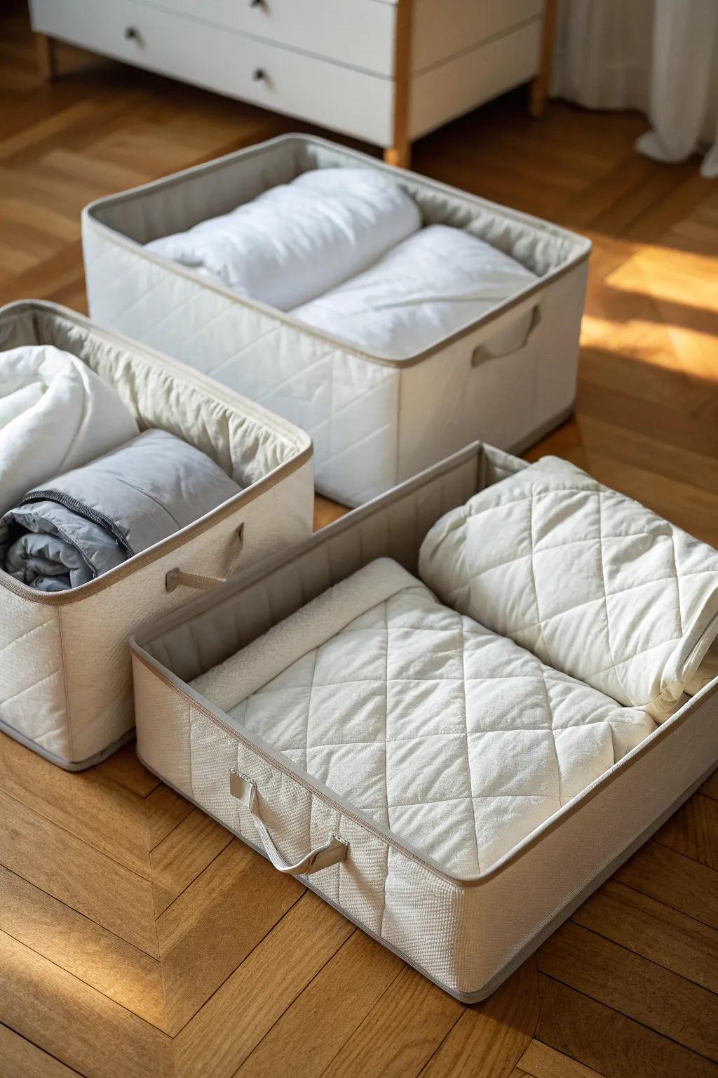 Under-bed storage boxes are perfect for keeping duvets hidden yet handy.