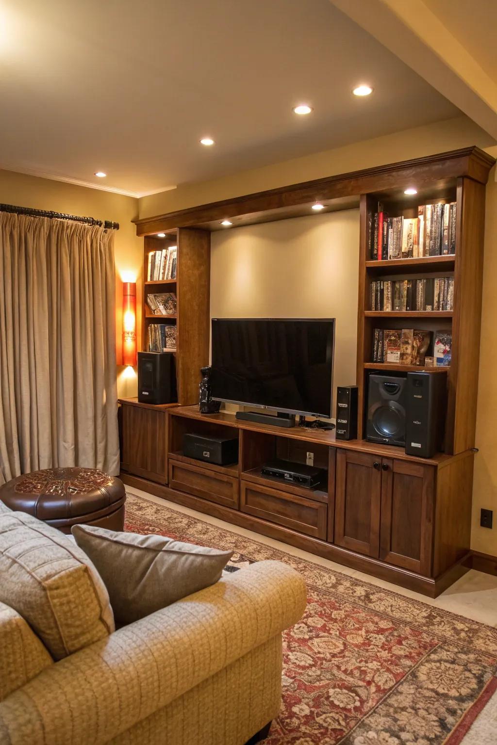 An entertainment center seamlessly integrated into the living room.