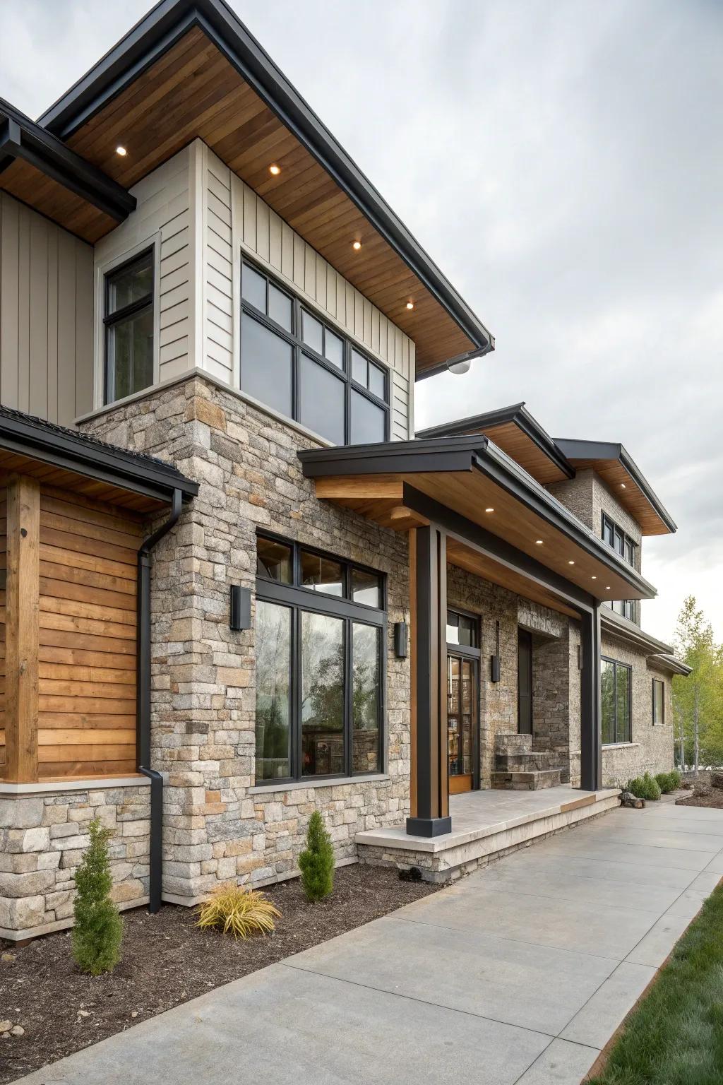 Mixed materials create a dynamic and visually interesting home exterior.