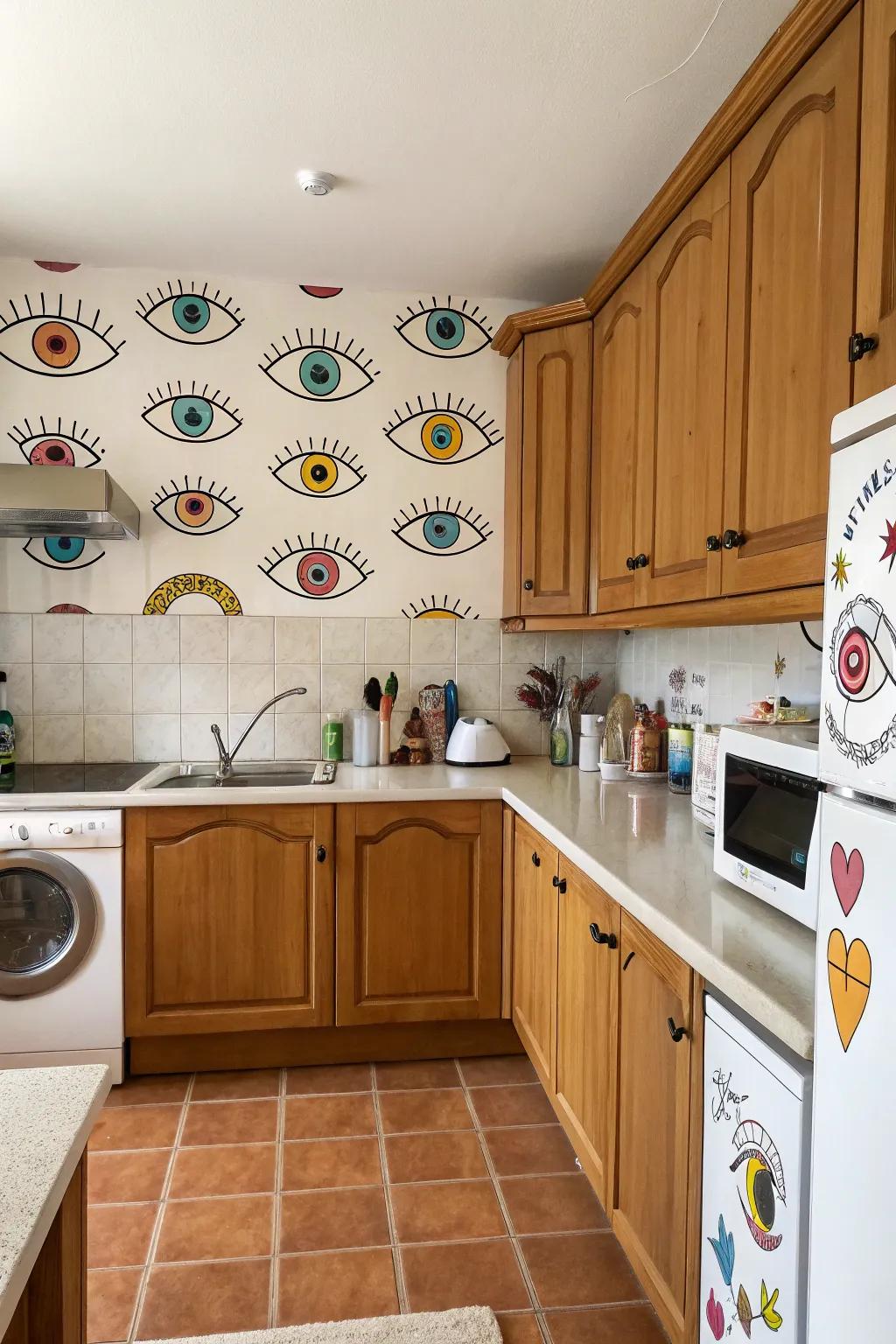 Quirky cartoon-style eye stickers that introduce charm and persona to your kitchen area.