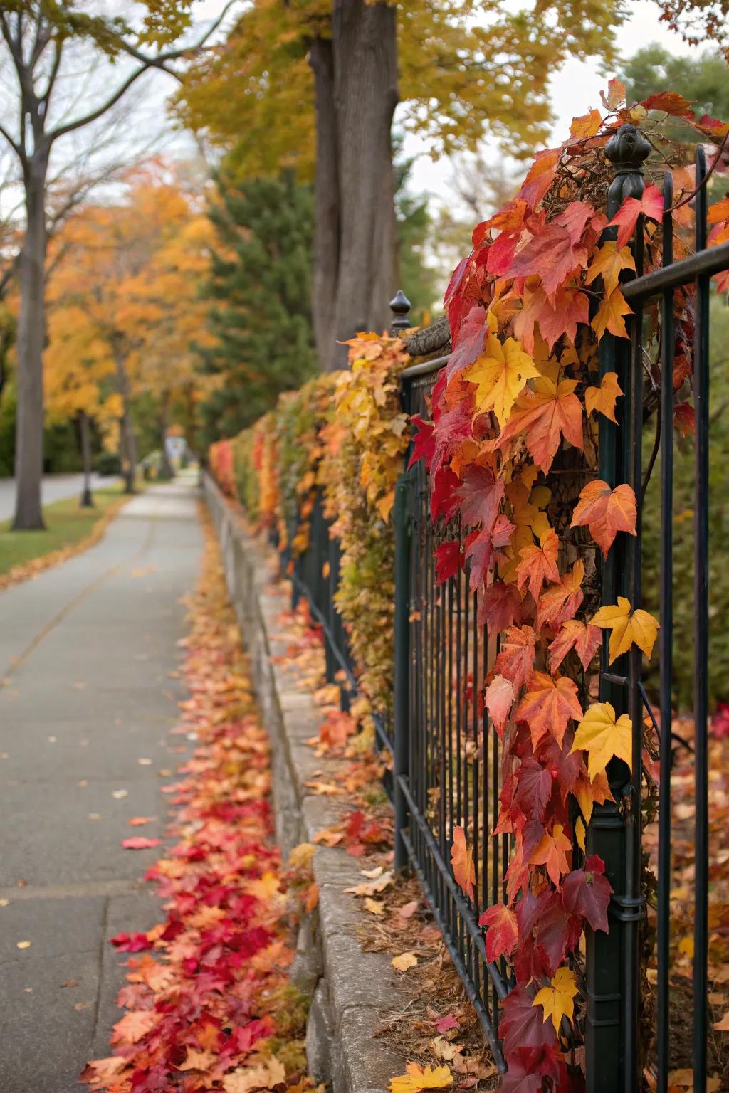 Garlands of autumn leaves elegantly adorn a fence.