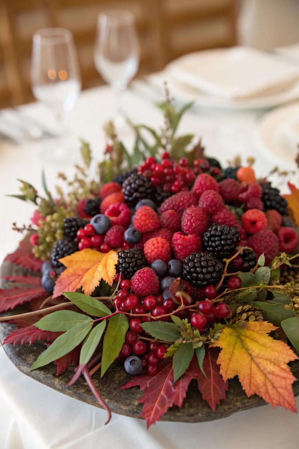 Vibrant berries bring color and texture to this fall wedding centerpiece.