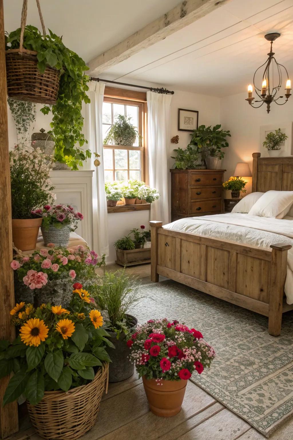 The farmhouse bedroom is enlivened and given tranquility by natural elements.
