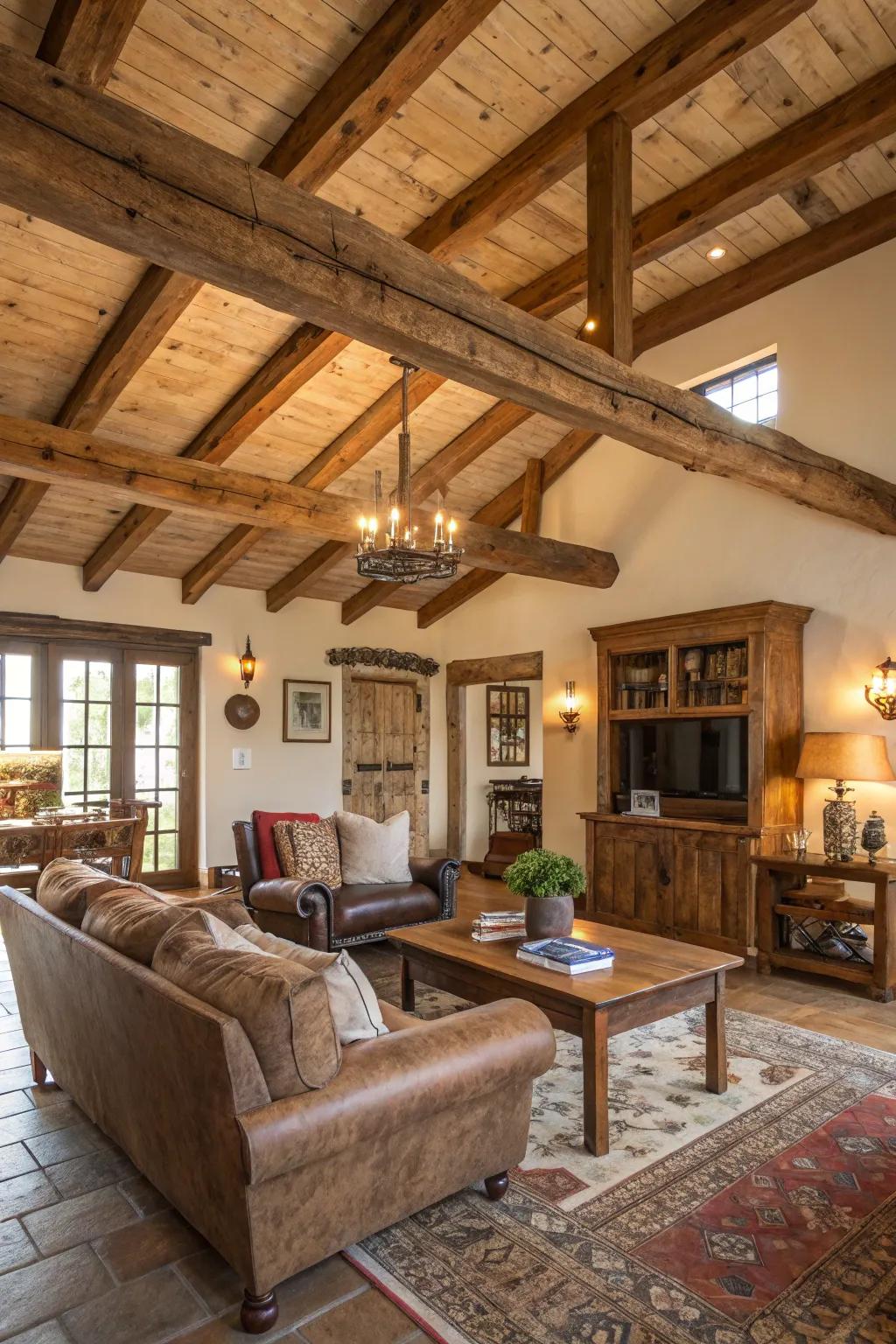 Reclaimed wood ceilings add character and history to this farmhouse living room.