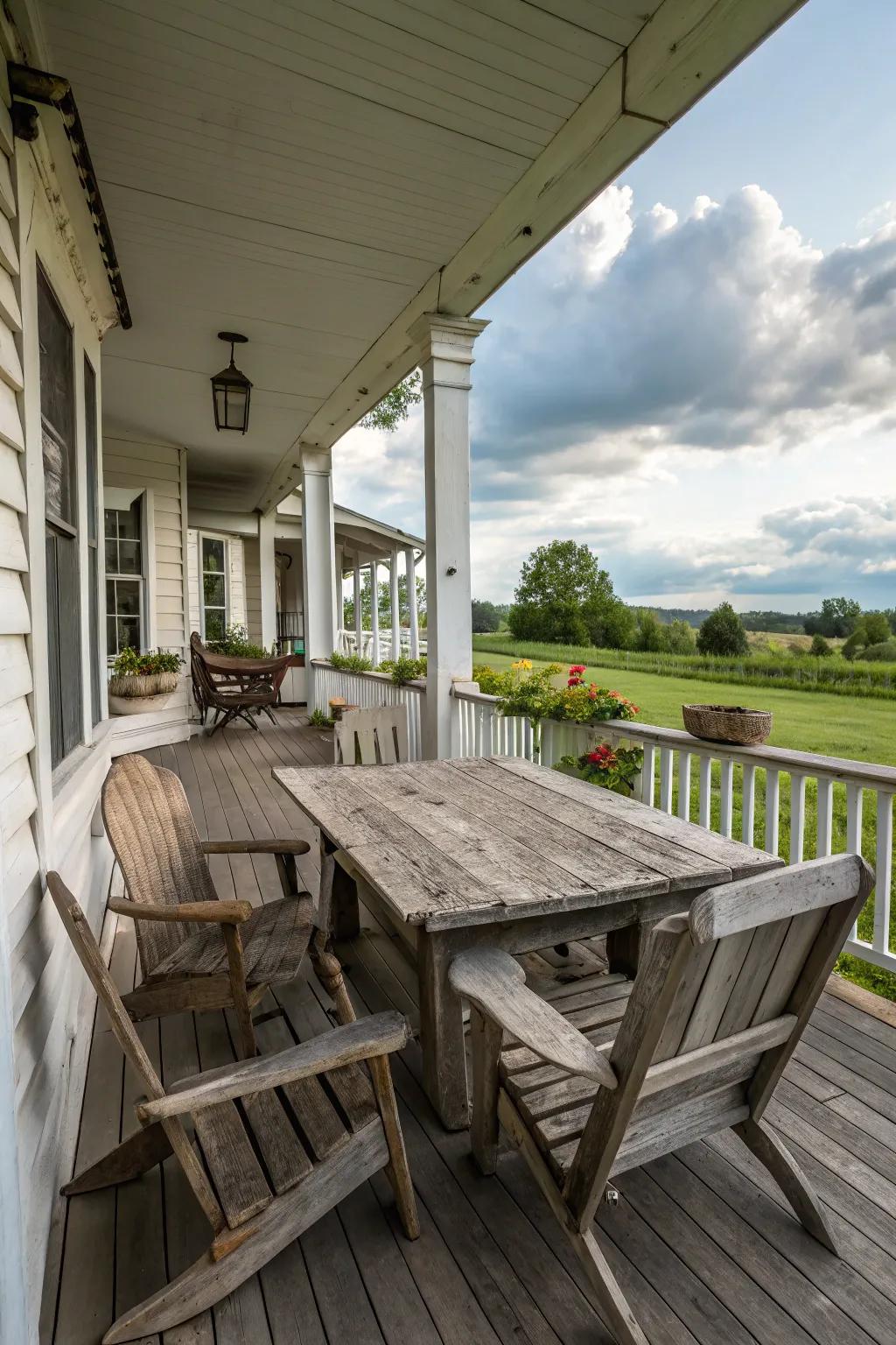 Rustic furniture pieces add authentic farmhouse charm.