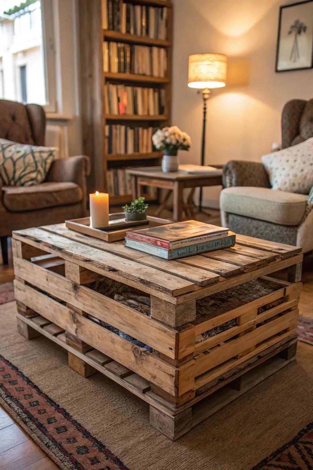 Farmhouse charm with a crate-stacked coffee table.