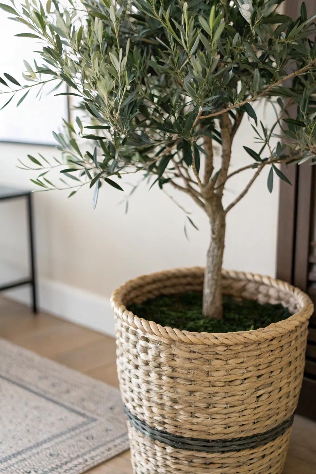 Enhance your faux olive tree with stylish planters.