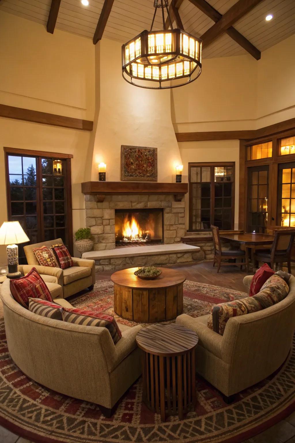 An inviting living room with a central fireplace and circular seating arrangement.