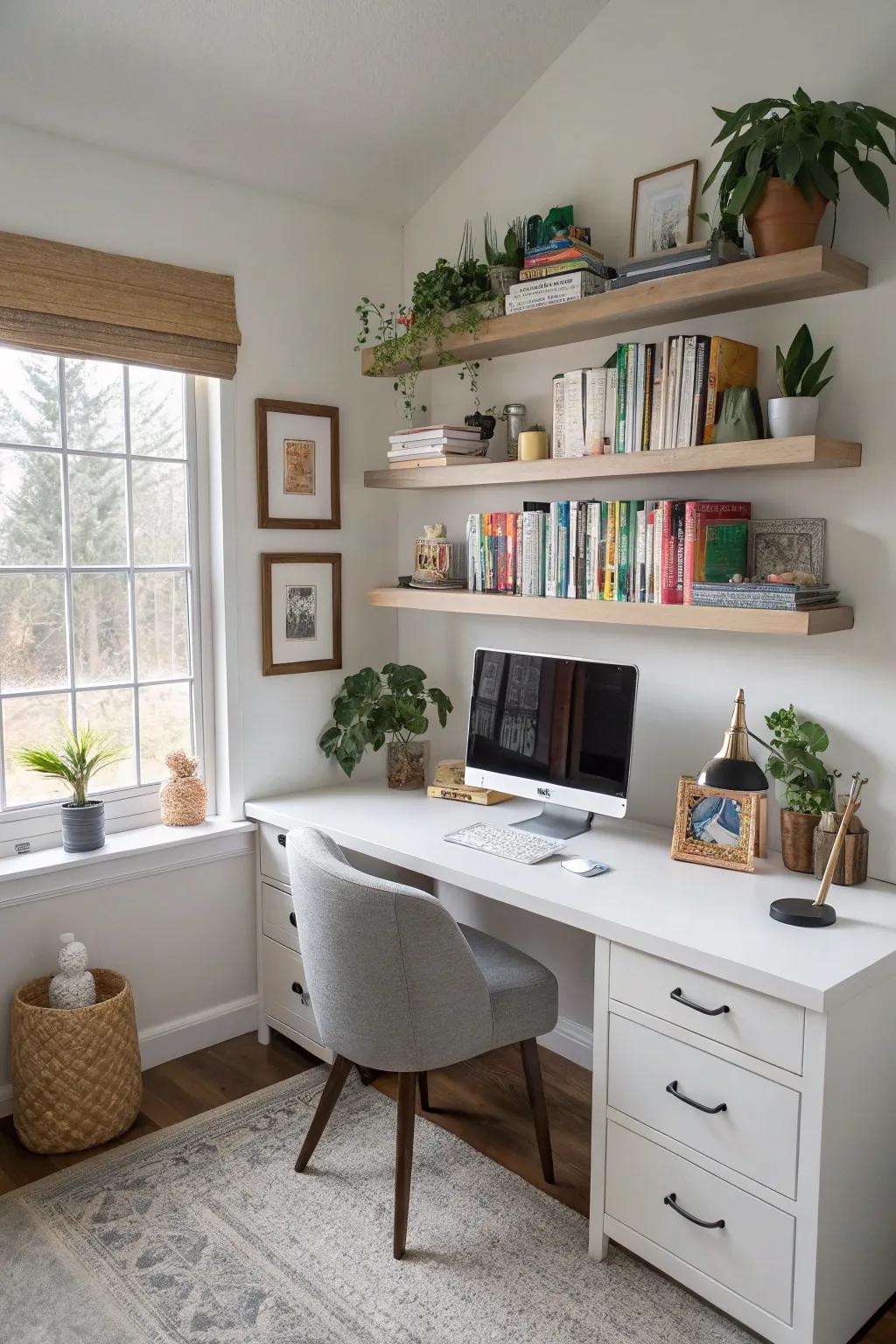 Floating shelves keep an office organized and stylish.