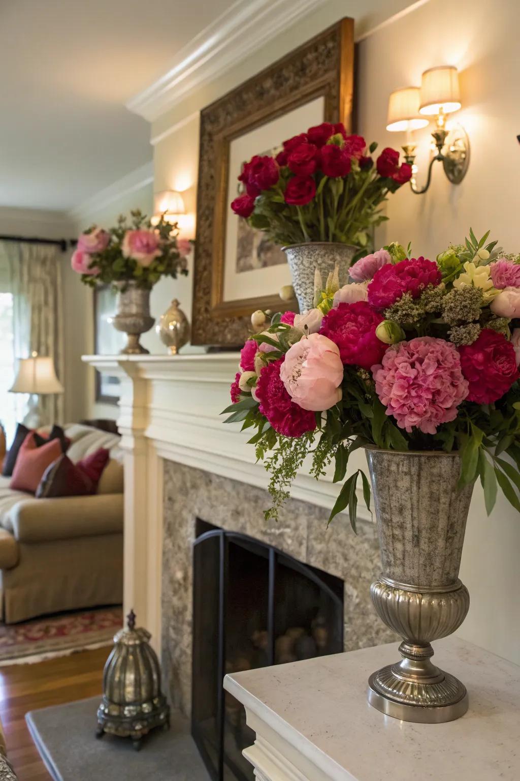 Seasonal flowers bring a fresh touch to your mantel.