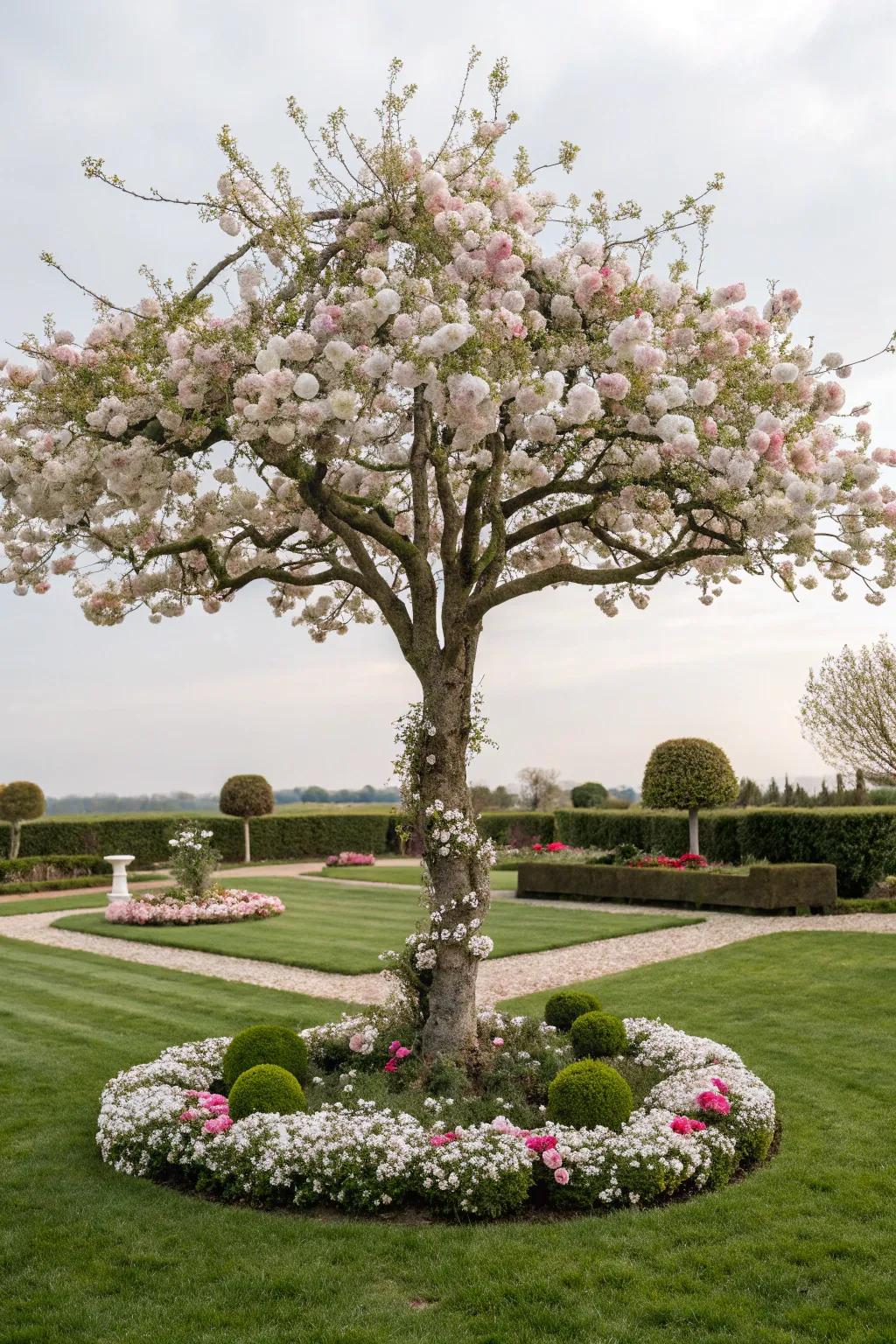 Symmetrically arranged flowers bring a balanced beauty to this tree's base.