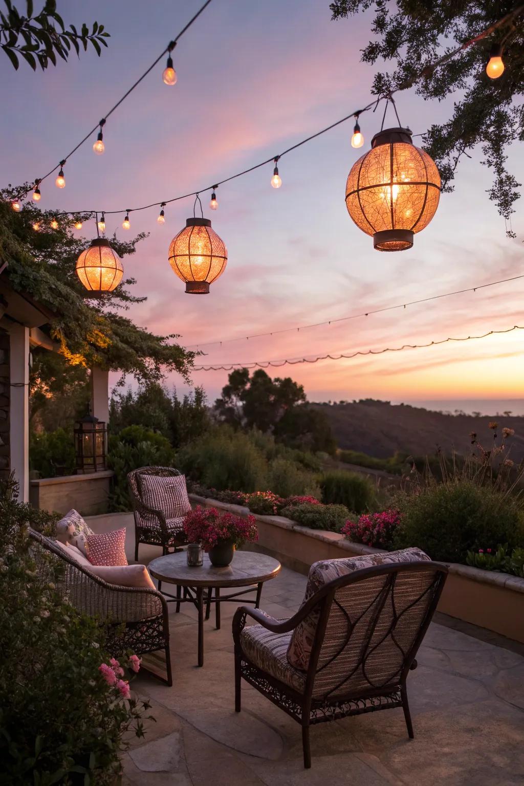 Hanging lanterns illuminate the patio with a cozy glow.