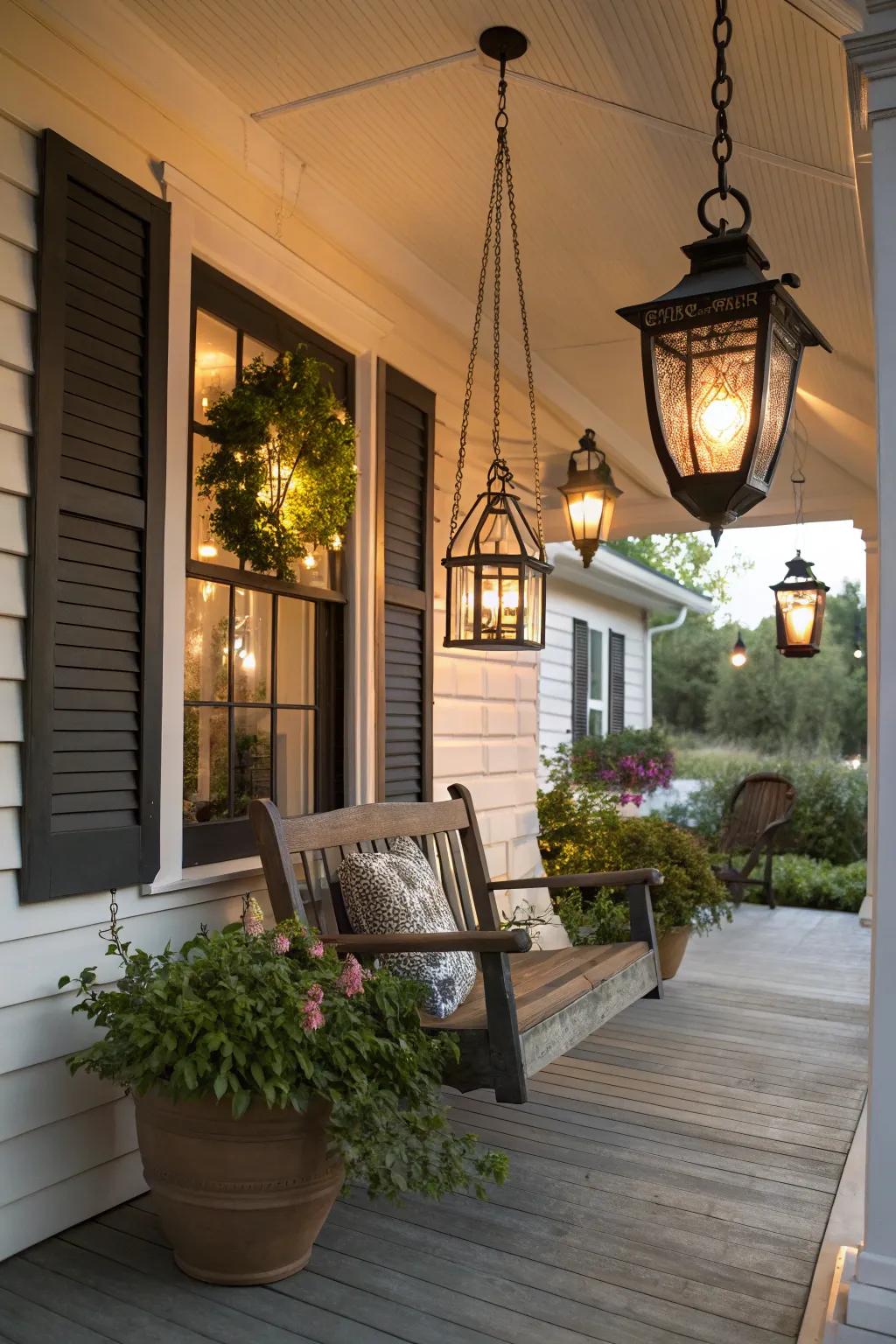 Lantern-style lighting casting a warm glow on a front porch.