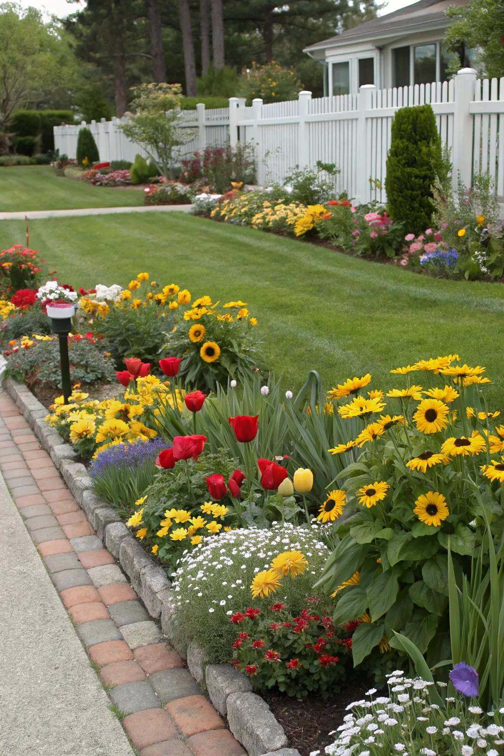 Layered planting creates depth and visual interest in the flower beds.