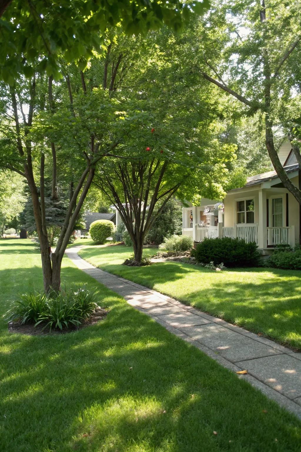 Small trees add height and a cozy feel to the front yard.